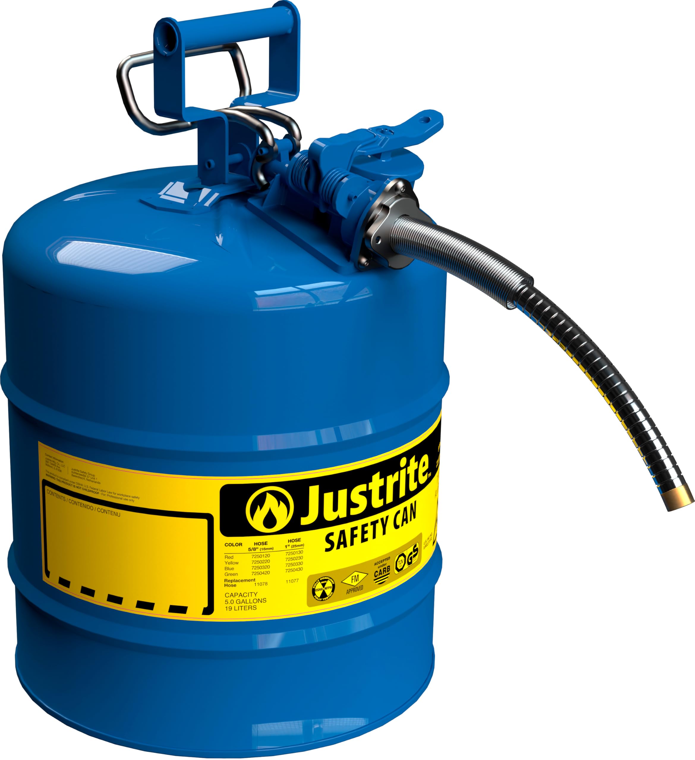 Justrite 5 Gallon Blue Type II Safety Can for Kerosene with Flame Arrester, Self-Closing Lid, and 5/8" Flexible Metal Spout, Made in the USA, Galvanized Steel Flammable Storage Can, 7250320
