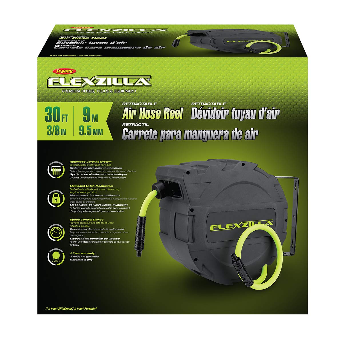 Retractable Flexzilla Enclosed Plastic Air Hose Reel, 3/8 in. x 30 ft, Heavy Duty, Lightweight, Hybrid, ZillaGreen - L8232FZ