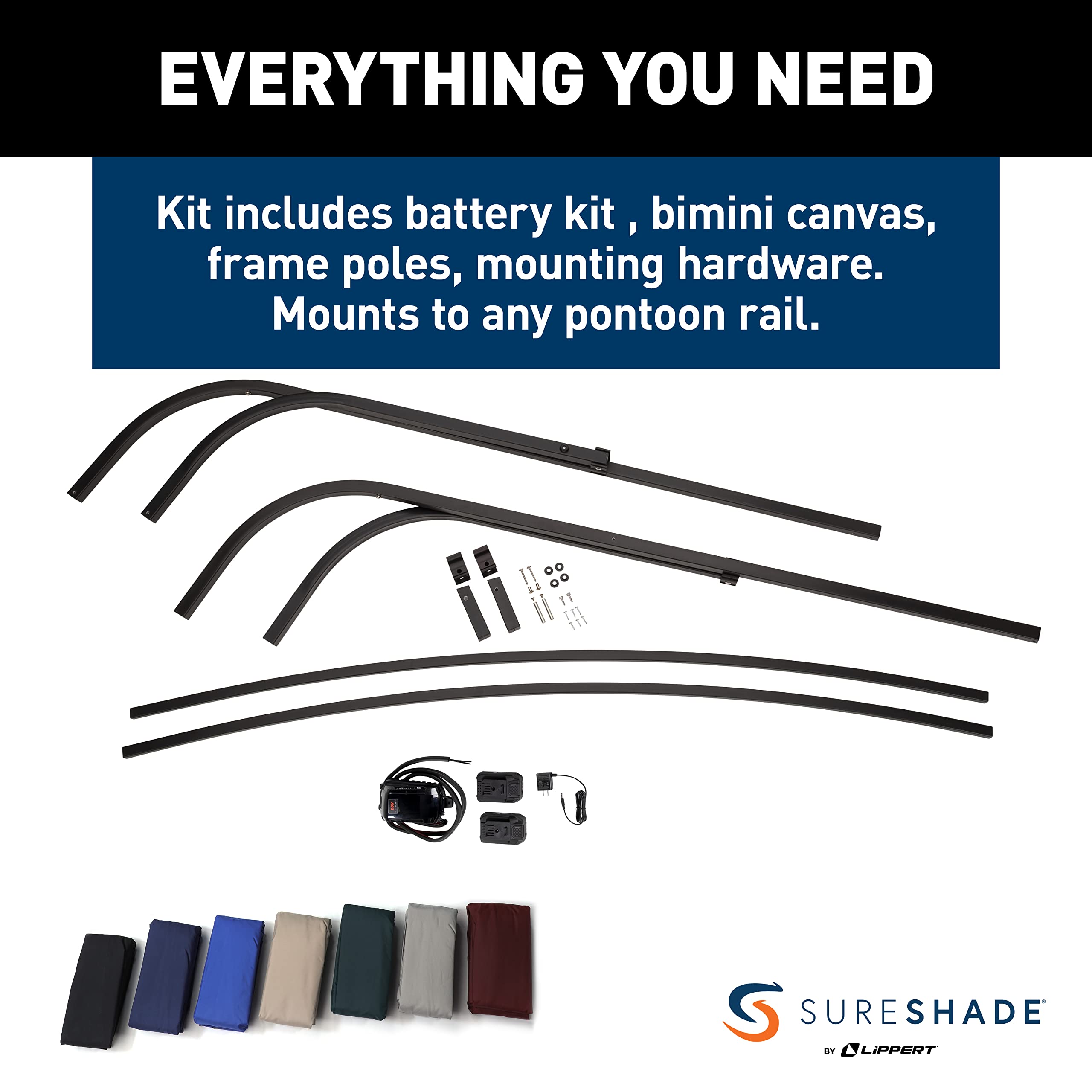 SureShade Electric Bimini Power Shade System for Pontoon Boats with Manual or No Biminis, 92-102" Wide, 20V Powered, Fade-Resistant Fabric, Black Anodized Frame, Navy - 2021133095