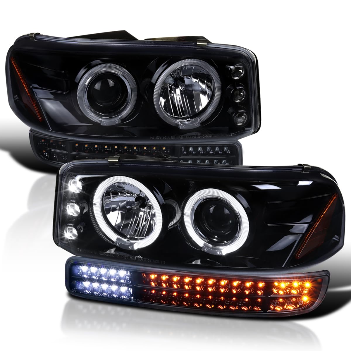 Glossy Black Smoke SPEC-D TUNING Projector Headlights + Sequential LED Bumper Lights Compatible with 1999-2006 GMC Sierra 1500/2500/3500, Left + Right Pair Headlamps Assembly