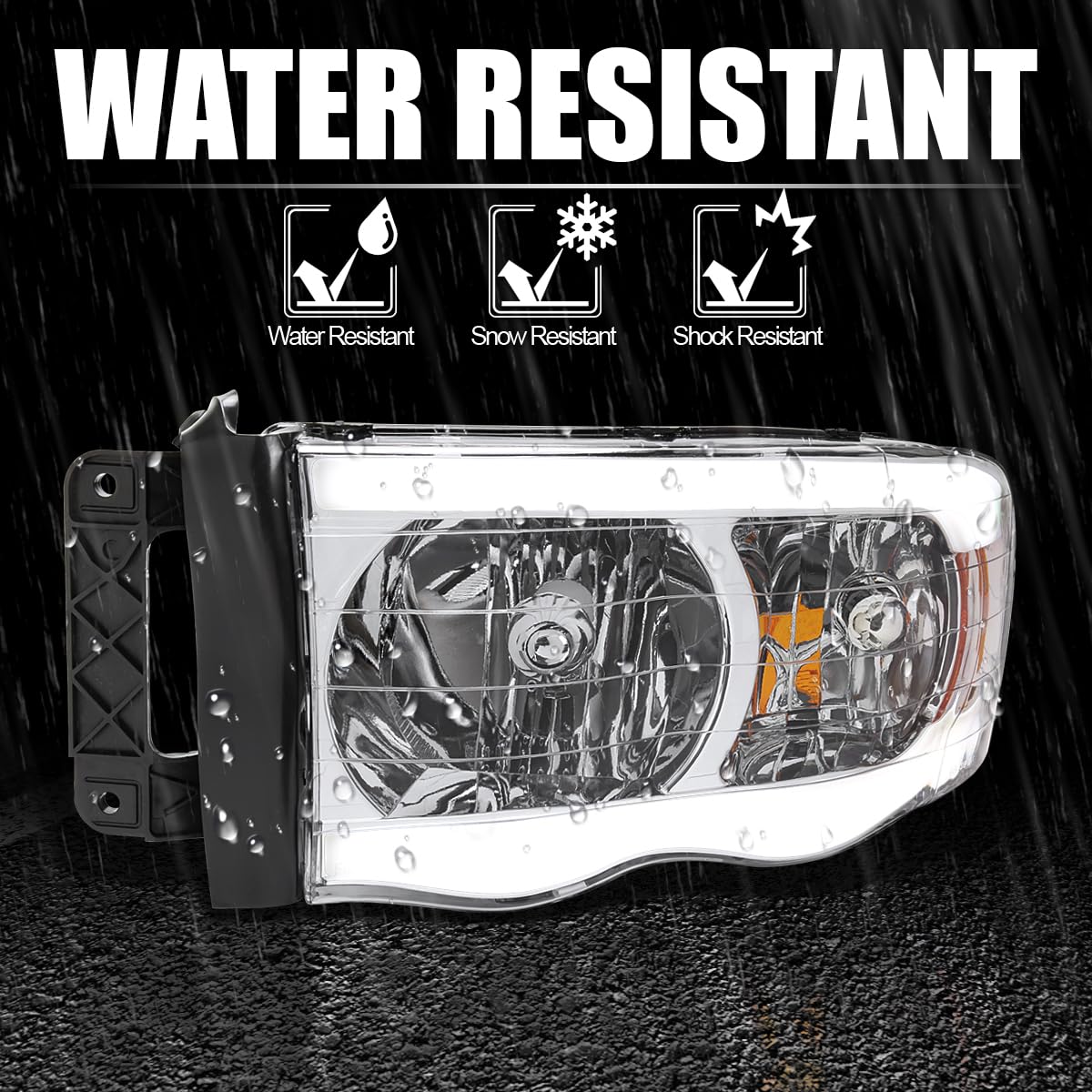 Chrome LED Tube Headlights SPEC-D TUNING Compatible with 2002-2005 Dodge Ram 1500, 2003-2005 Dodge Ram 2500/3500 Left + Right Pair Headlamps Assembly