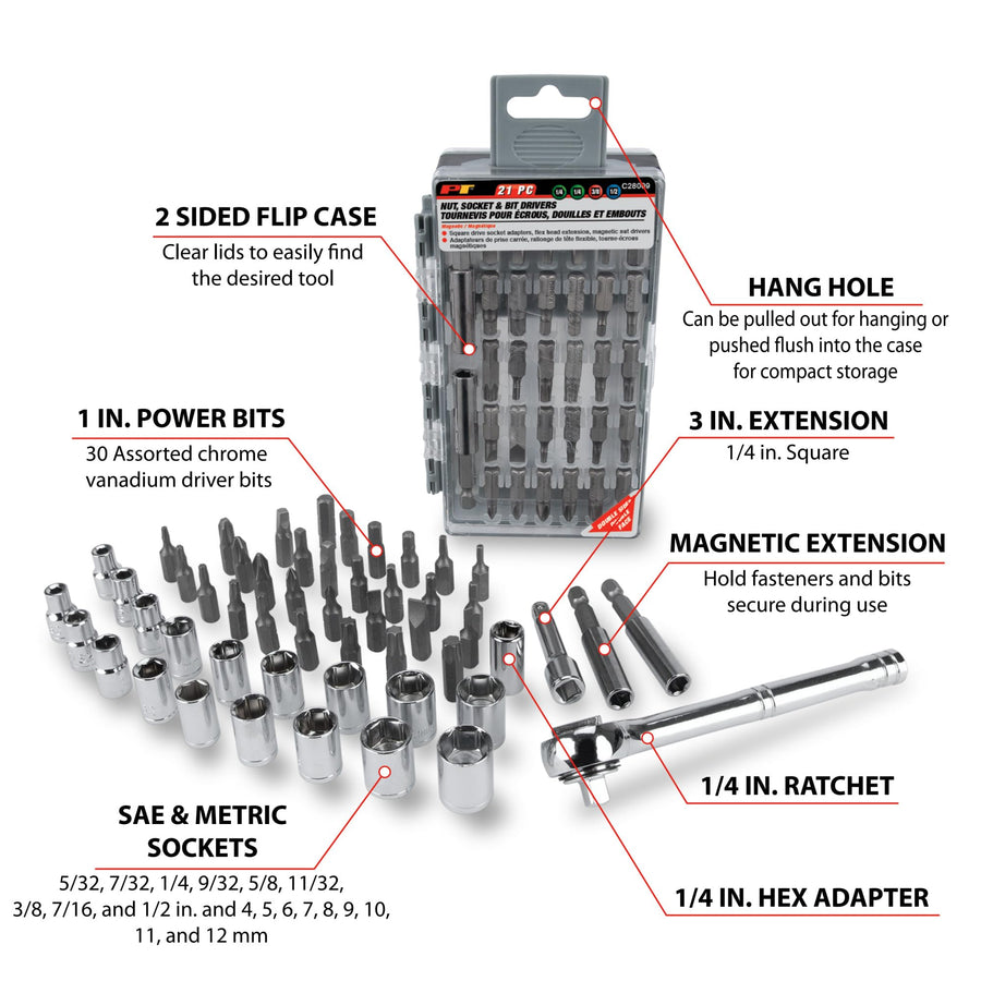 W9046 Performance Tool 52pc Socket and Bit Driver Set with 1/4-Inch Drive Ratchet, SAE and Metric Sockets, and Assorted CR-V Bits in Flip Case