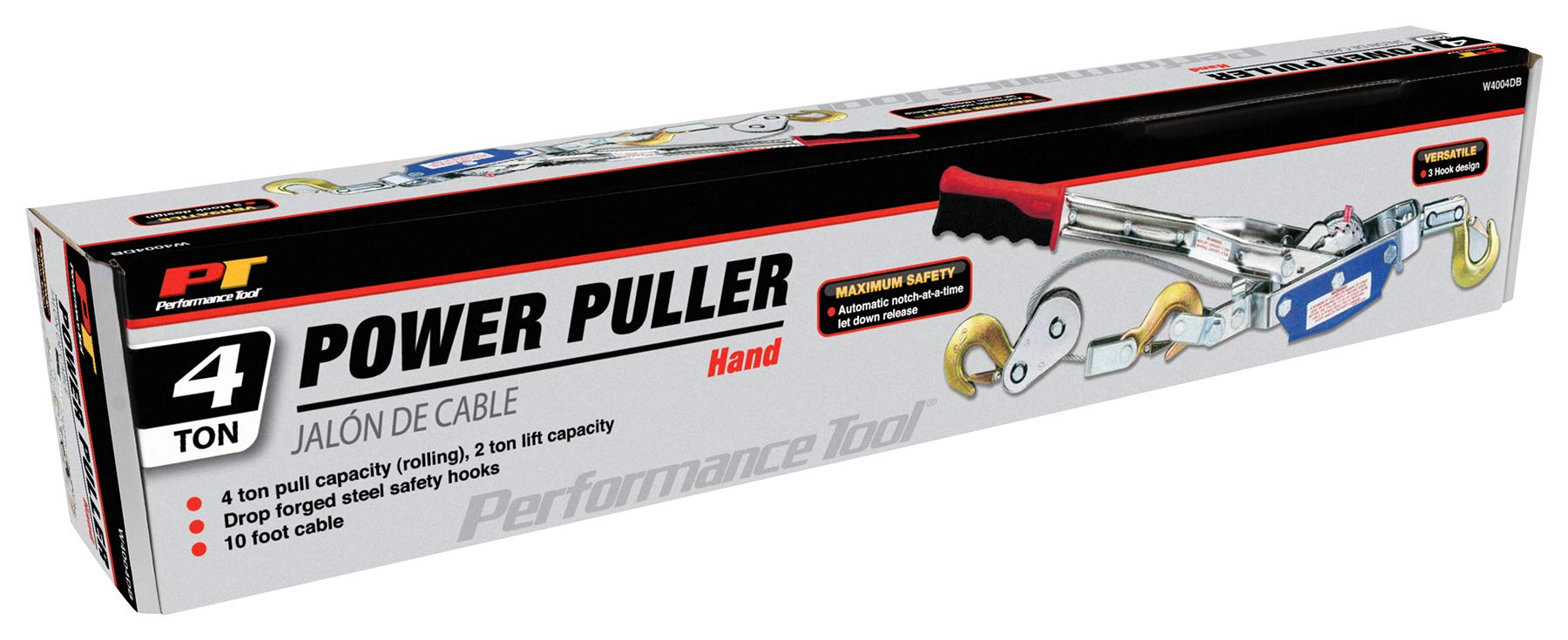 W4004DB Performance Tool Power Puller - 4-Ton Capacity Winch, 12 Ft. Aircraft Cable 3-Hook Design