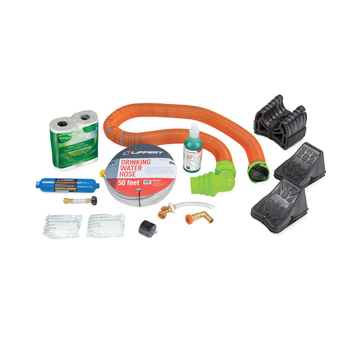 Lippert RV Starter Kit Standard with Power Adapter, Regulator, Filter, Tank Filler, Water Hose, Sewer Hose Kit, Hose Support, Tank Treatment, Toilet Paper, Wheel Chocks - 2023000843