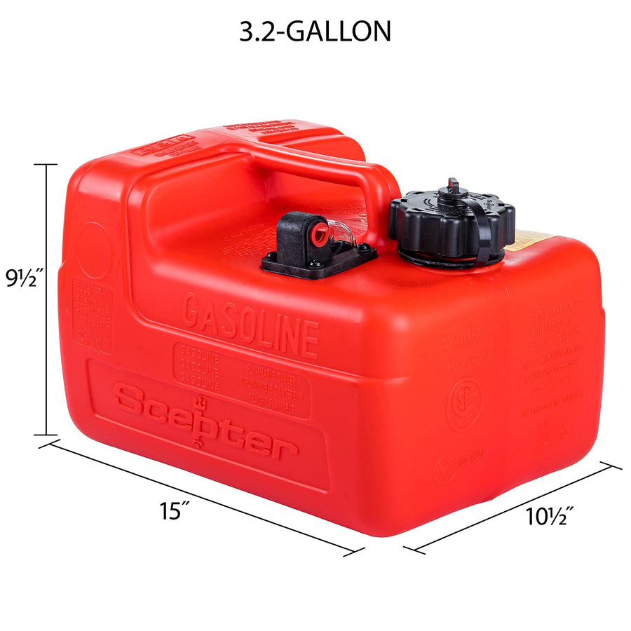 Portable Marine Gas Can Scepter 3.2 Gallon, Boat Fuel Tank with 2-Way Vented Cap, Built-In Fuel Gauge and Pick-Up, Top Handle, EPA & CARB Compliant, Underseat Design, 14"L x 10.5"W x 9"H (08576)