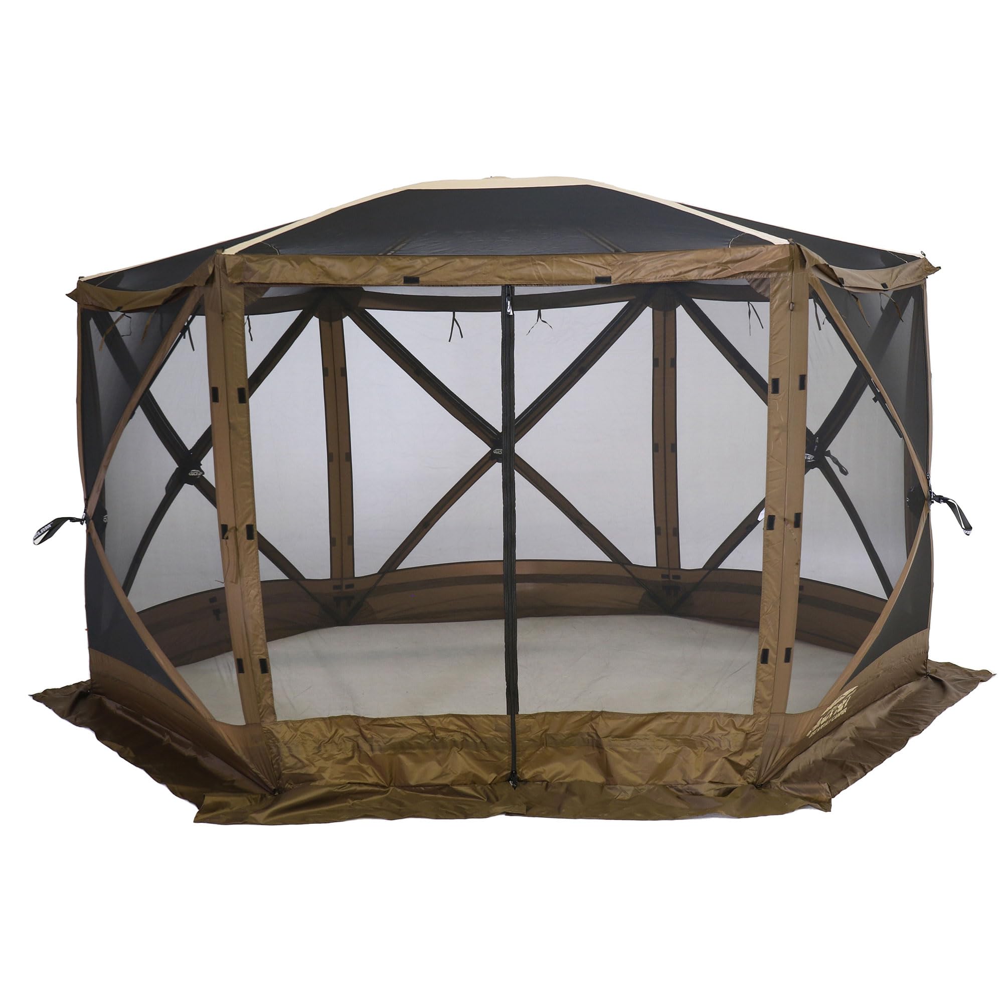 Quick-Set CLAM Escape Sky Camper 11.5’ x 11.5’ Pop-Up Outdoor Gazebo Instant Screen Tent 6-Sided Canopy Shelter w/Ground Stakes & Carry Bag, Brown