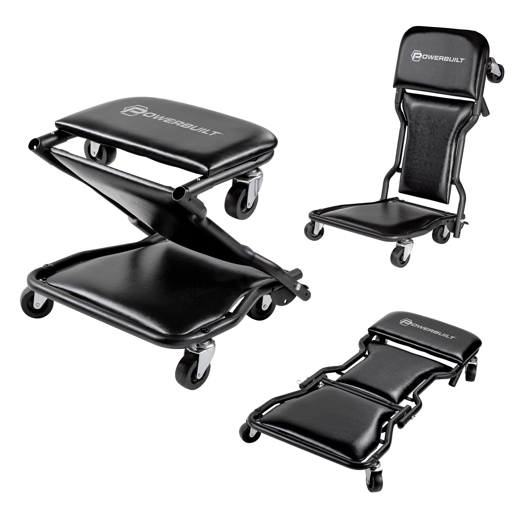 Powerbuilt 42-Inch Folding Triplex Creeper, Rolling Seat, and Brake Stool, All-in-One Adjustable Roller Garage Chair, Lay Down or Sit, Black 620469