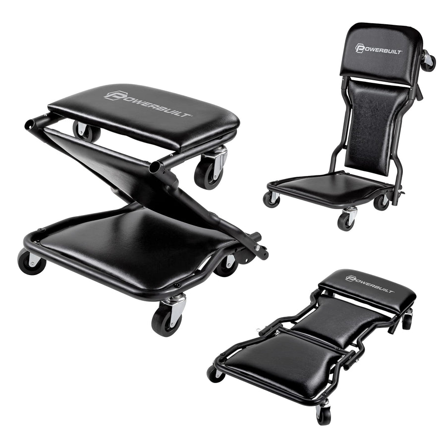Powerbuilt 42-Inch Folding Triplex Creeper, Rolling Seat, and Brake Stool, All-in-One Adjustable Roller Garage Chair, Lay Down or Sit, Black 620469