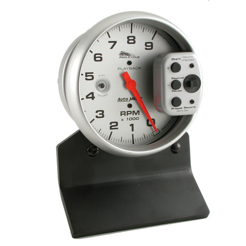 Tach AutoMeter Gauge, 5", 9K RPM, Pedestal W/RPM Playback, Silver, Pro-Cycle (19264)