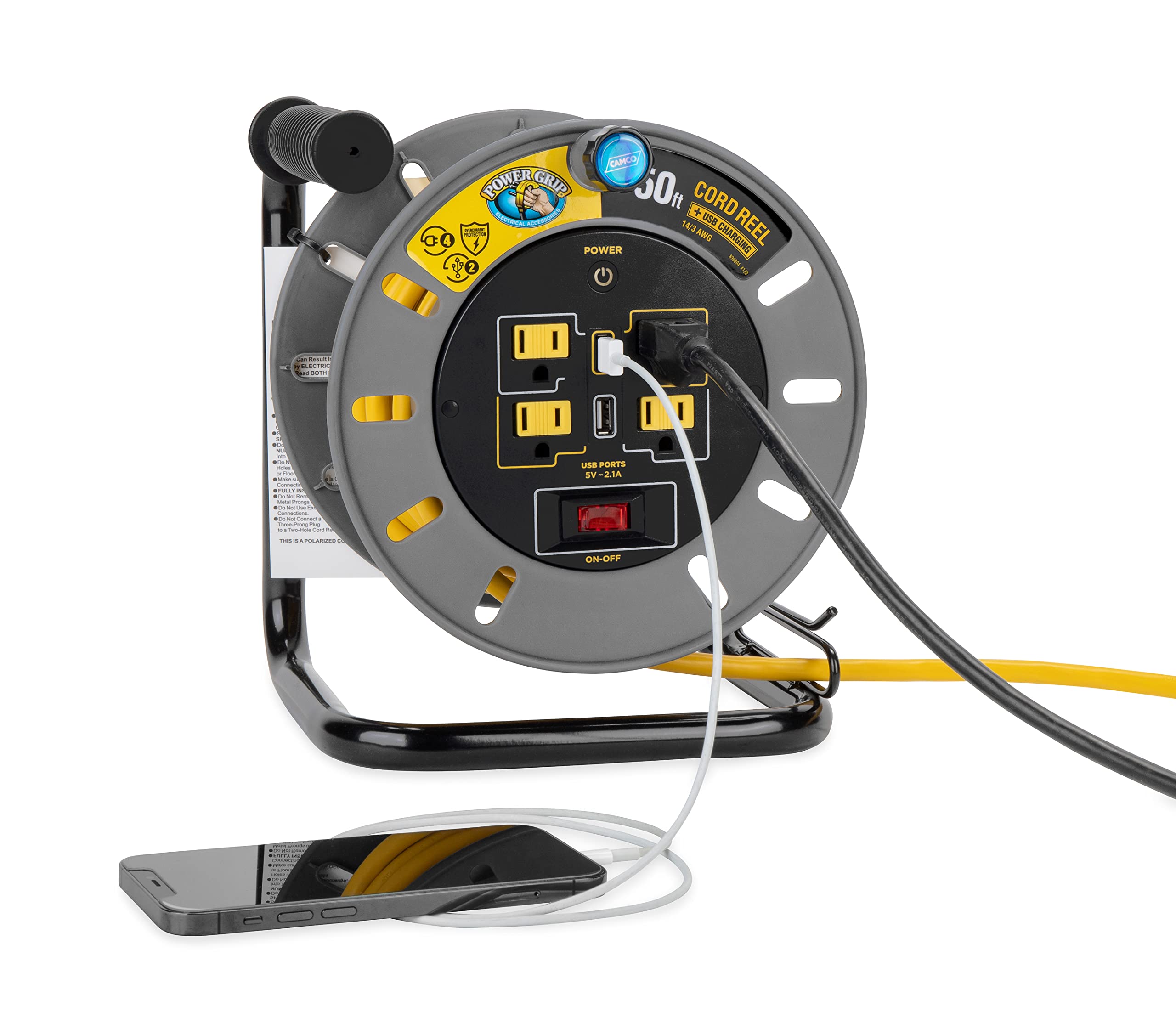 50-Ft Camco 13 Amp RV Extension Cord Reel - Rated for 125V / 1,625W - Features 4 125V Electrical Outlets & 2 USB Ports - Includes On/Off Switch & Built-in Circuit Breaker (55291)