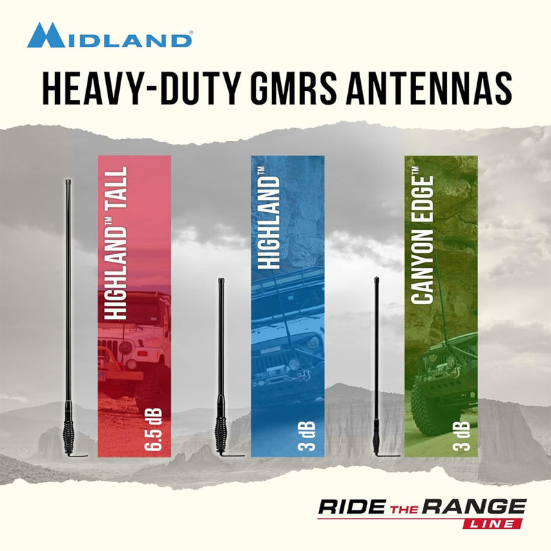 MXAT05VP-3dB Midland Heavy-Duty Bull Bar Antenna Spring Base Micromobile - 28.5” with 462-468 MHz Frequency - Long Range GMRS Communication - Overlanding Off-Roading - Easy to Install