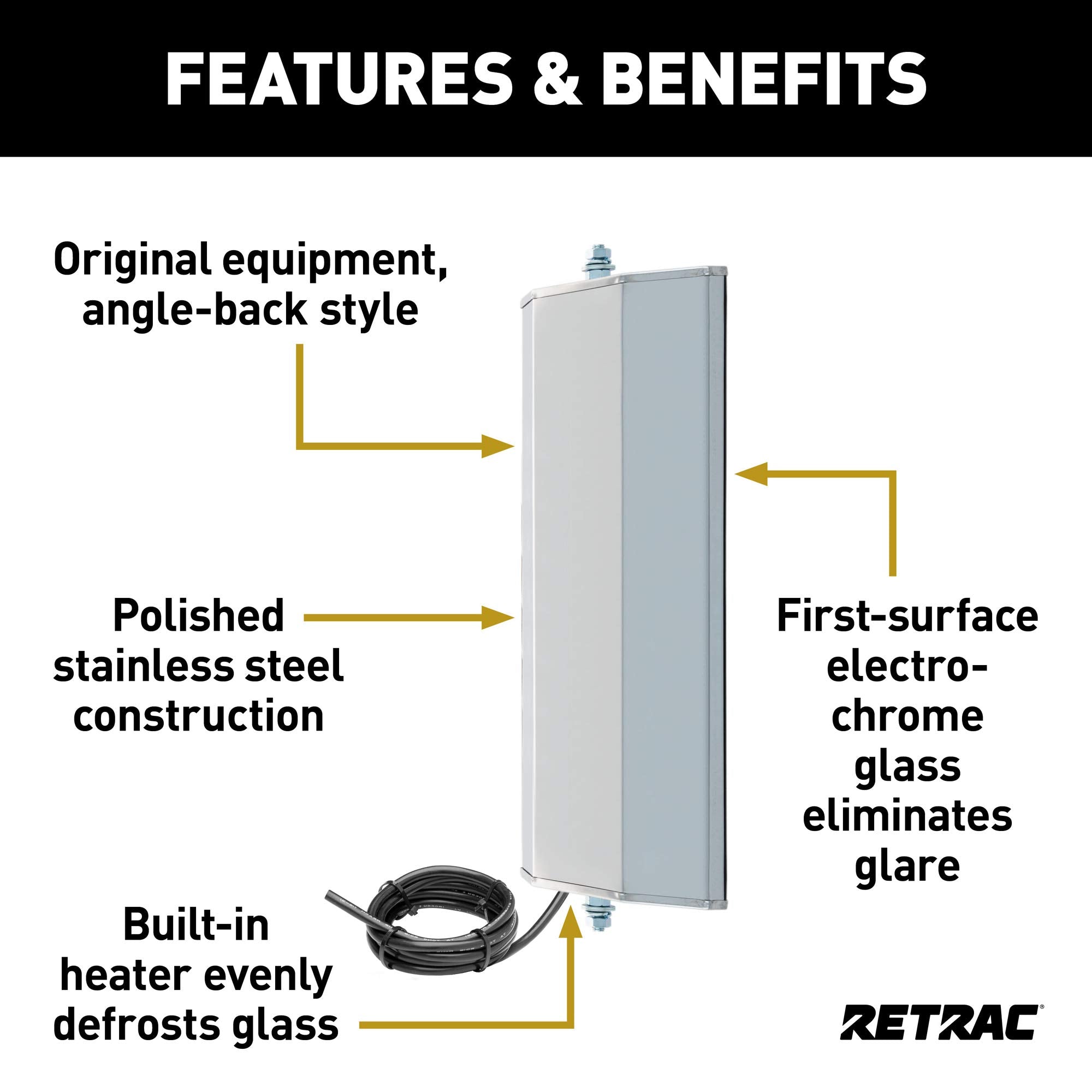 RETRAC 7 x 16-Inch Stainless Steel Angle-Back Heated West Coast Mirror Head, Universal Driver or Passenger Side 610306