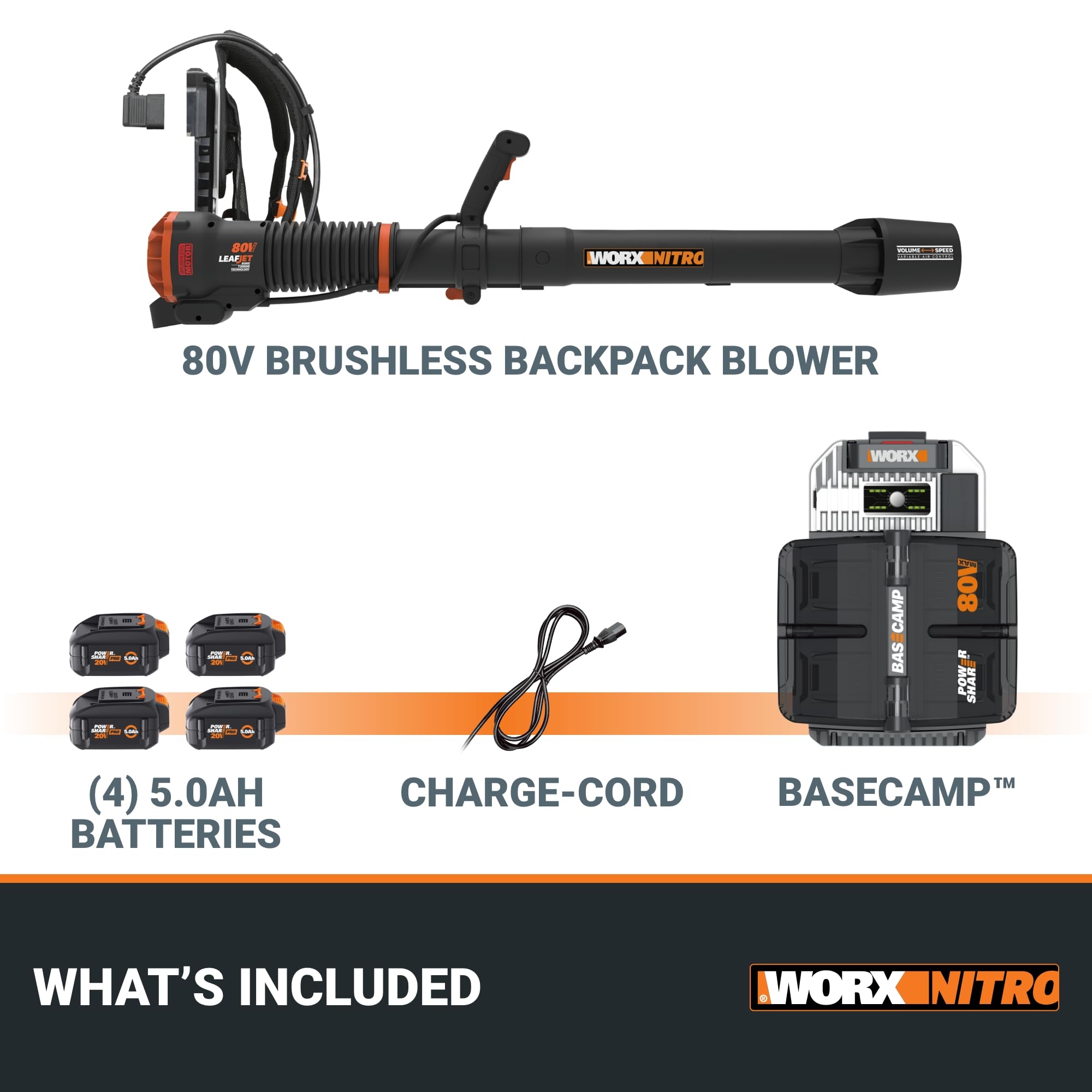 WORX Nitro 80V Cordless Leaf Blower, Backpack Blower with 150MPH & 800CFM, Electric Blower for Lawn Care with Brushless Motor & Variable Air Control, 4 Batteries & Basecamp Charger Included
