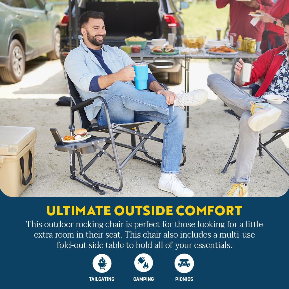 Freestyle Rocker XL GCI OUTDOOR with Side Table Camping Chair | Portable Folding Rocking Chair with Solid, Durable Armrests, Drink Holder & Comfortable Backrest — Red