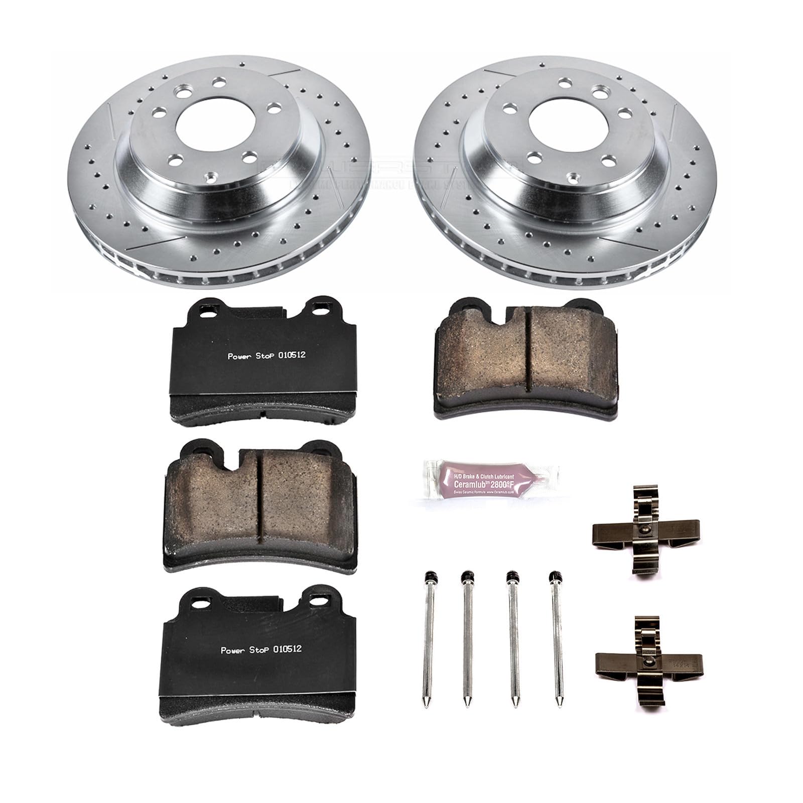 Power Stop K4681 Z23 Carbon Fiber Brake Pads Rear with Drilled & Slotted Brake Rotors Kit and 2 Rear Sensor Wires For Volkswagen Touareg 2006 [Model Specific]