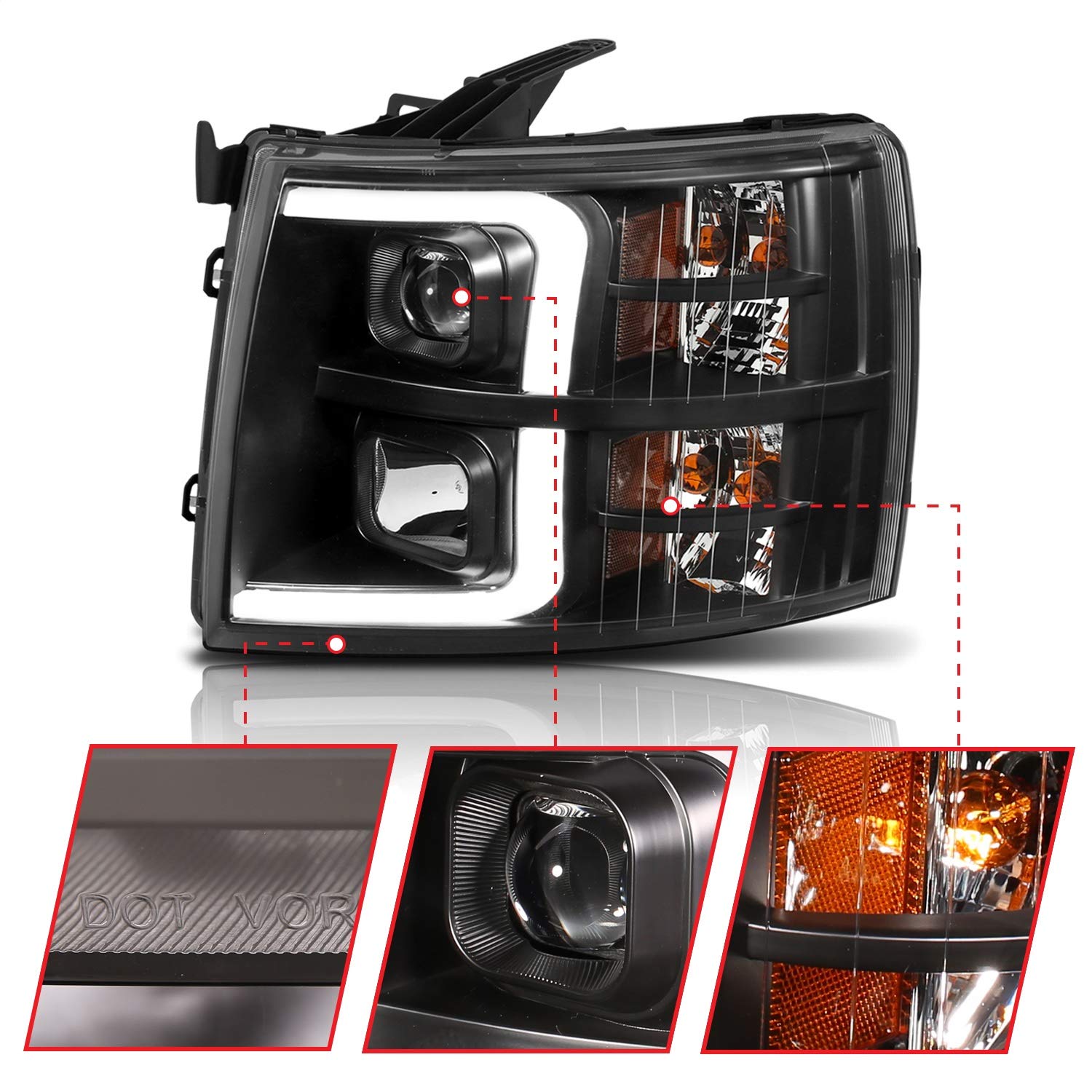 CHEVY SILVERADO 1500 ANZO USA 07-13 / 2500HD/3500HD 07-14 PROJECTOR PLANK SWITCHBACK HEADLIGHTS BLACK
