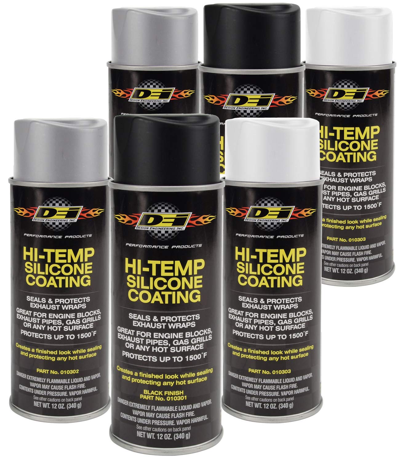 Design Engineering High-Temperature Silicone Coating Spray Assortment Case 010300 - 2 Cans Each of Black, Aluminum, and White
