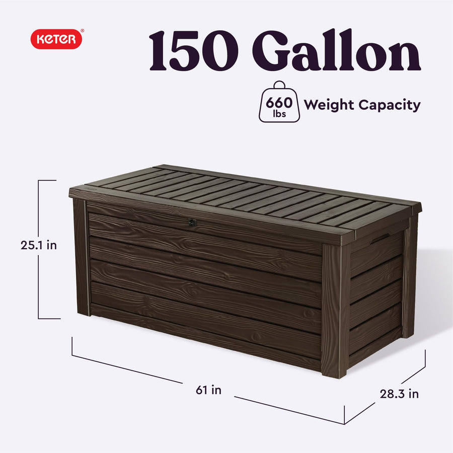 Keter 150 Gallon Westwood Deck Box Organizer, Doubles as 2-Person Bench Seat, Brown – Large Resin Outdoor Storage and Seating with Lockable Lid for Garden, Pool, and Patio