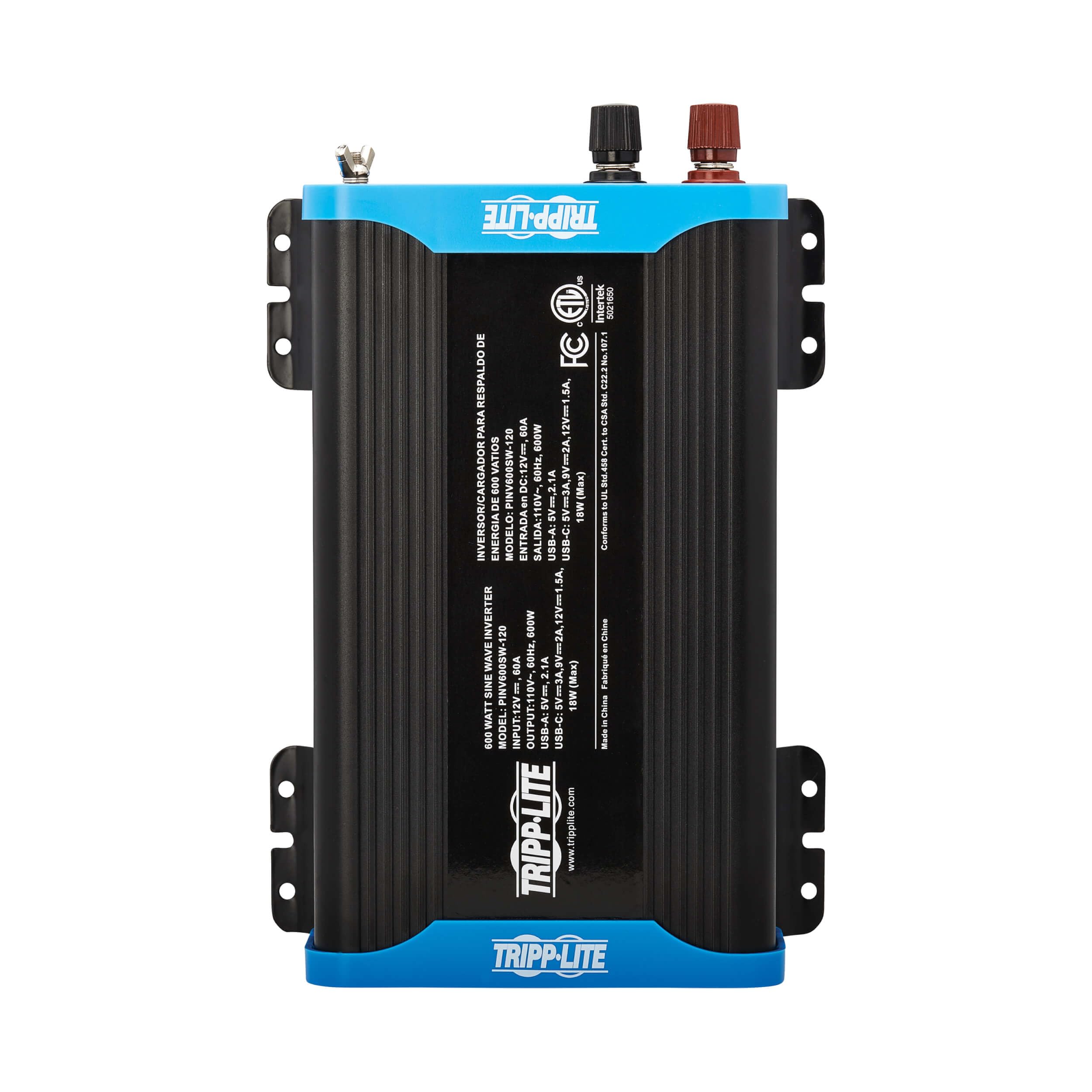 600W Tripp Lite Compact Pure Sine Wave Power Inverter, 3 Outlets, 1 USB + 1 USB-C Charging Ports, Remote Control via RJ12 Telephone Cable, Included Mounting Brackets, 2-Year Warranty (PINV600SW-120)