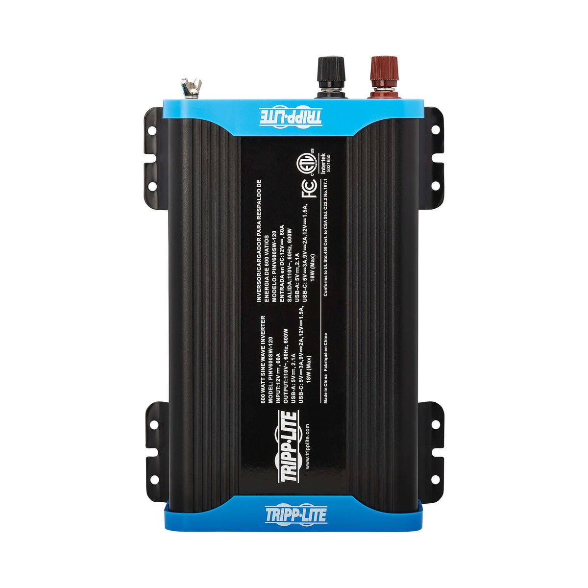 600W Tripp Lite Compact Pure Sine Wave Power Inverter, 3 Outlets, 1 USB + 1 USB-C Charging Ports, Remote Control via RJ12 Telephone Cable, Included Mounting Brackets, 2-Year Warranty (PINV600SW-120)