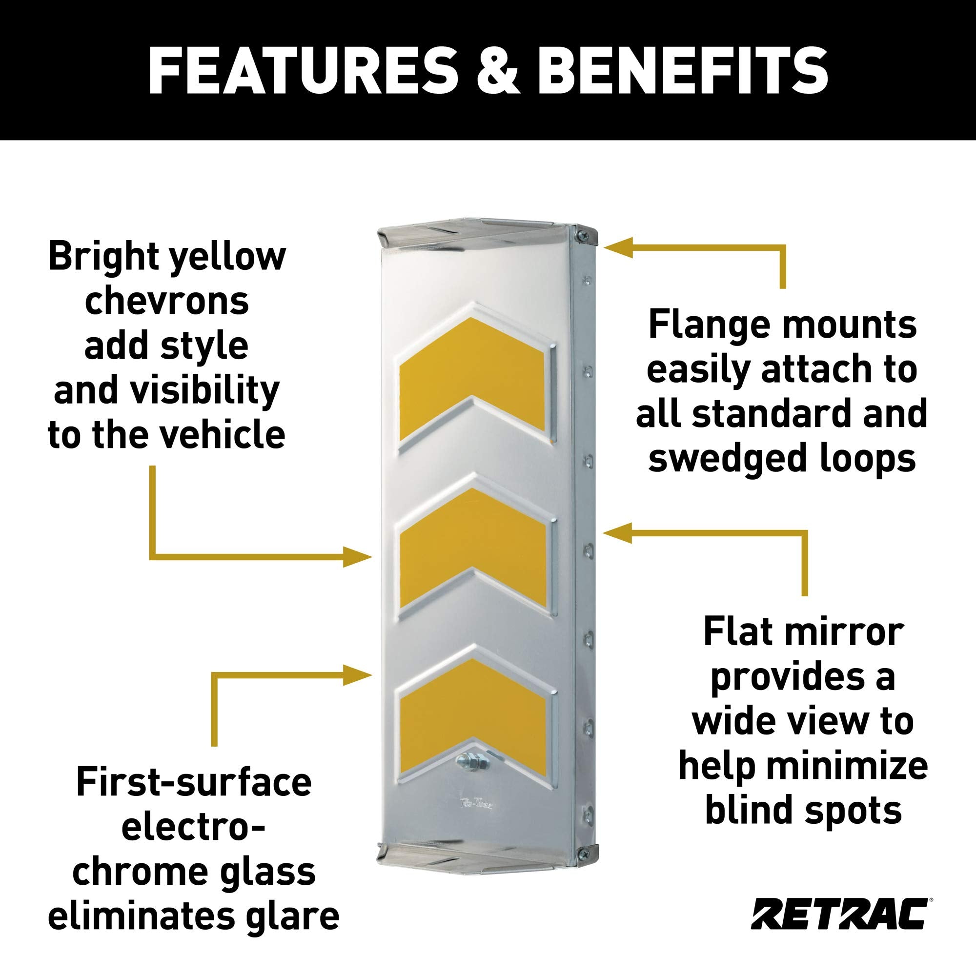 RETRAC 7 x 16-Inch Aluminum Yellow Chevron West Coast Mirror Head, Universal Driver or Passenger Side 600932