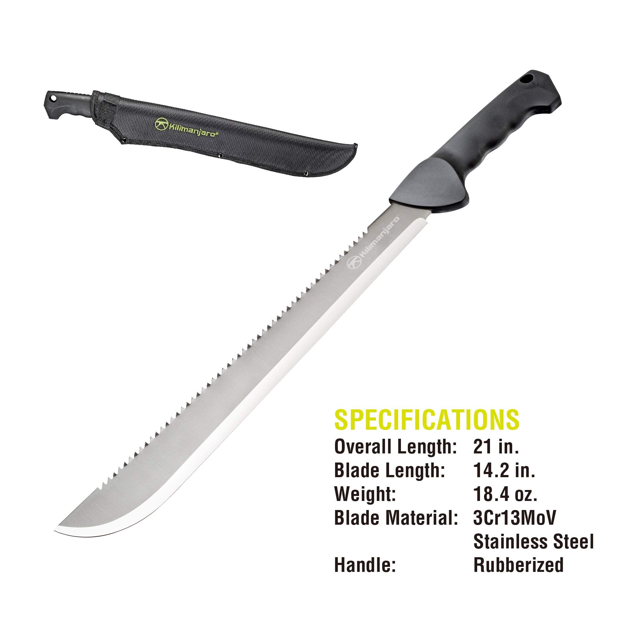 21 Inch Kilimanjaro Stainless Steel Machete with Serrated Back and Black Finish, Outdoor Survival, Cutting, Hiking, Camping, Outdoor Adventures - 910040
