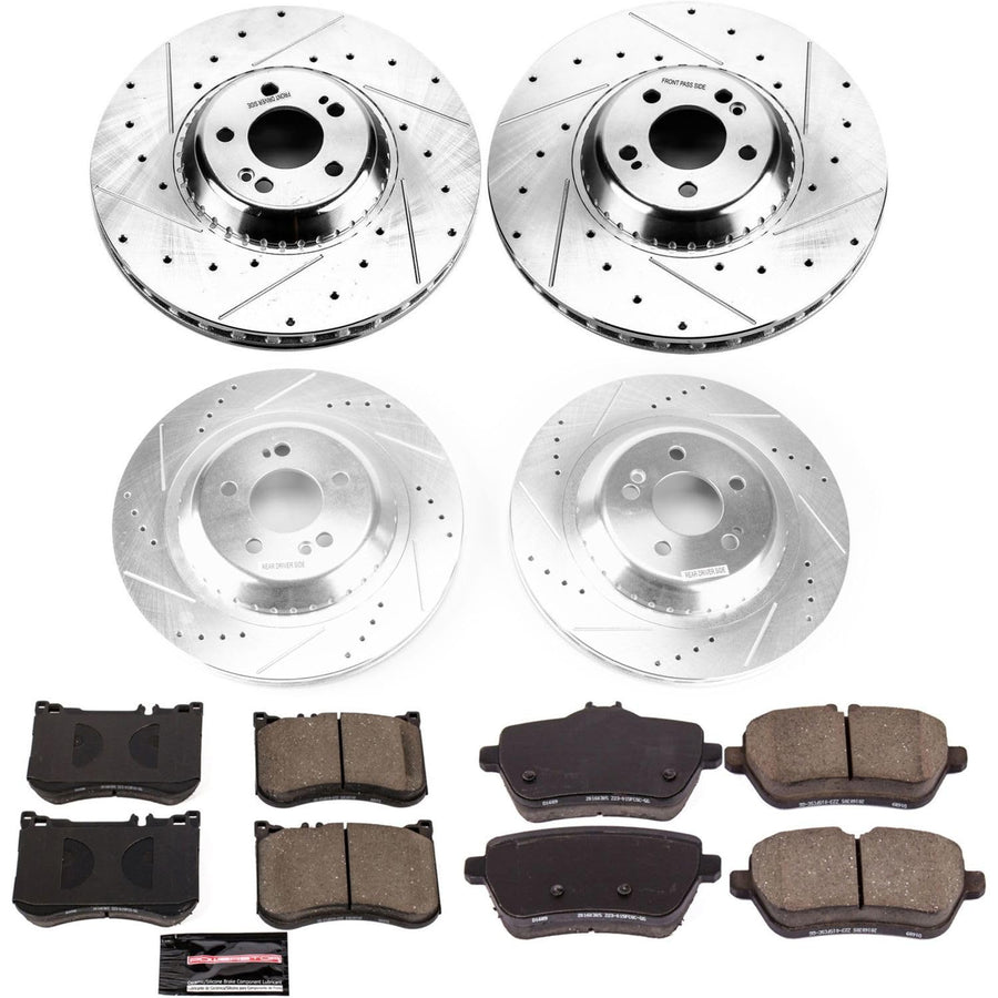 Power Stop K8102 Z23 Carbon Fiber Brake Pads Front and Rear with Drilled & Slotted Brake Rotors Kit and 1 Front & 1 Rear Sensor Wires For S450, S550, S550e, S560 [Model Specific]