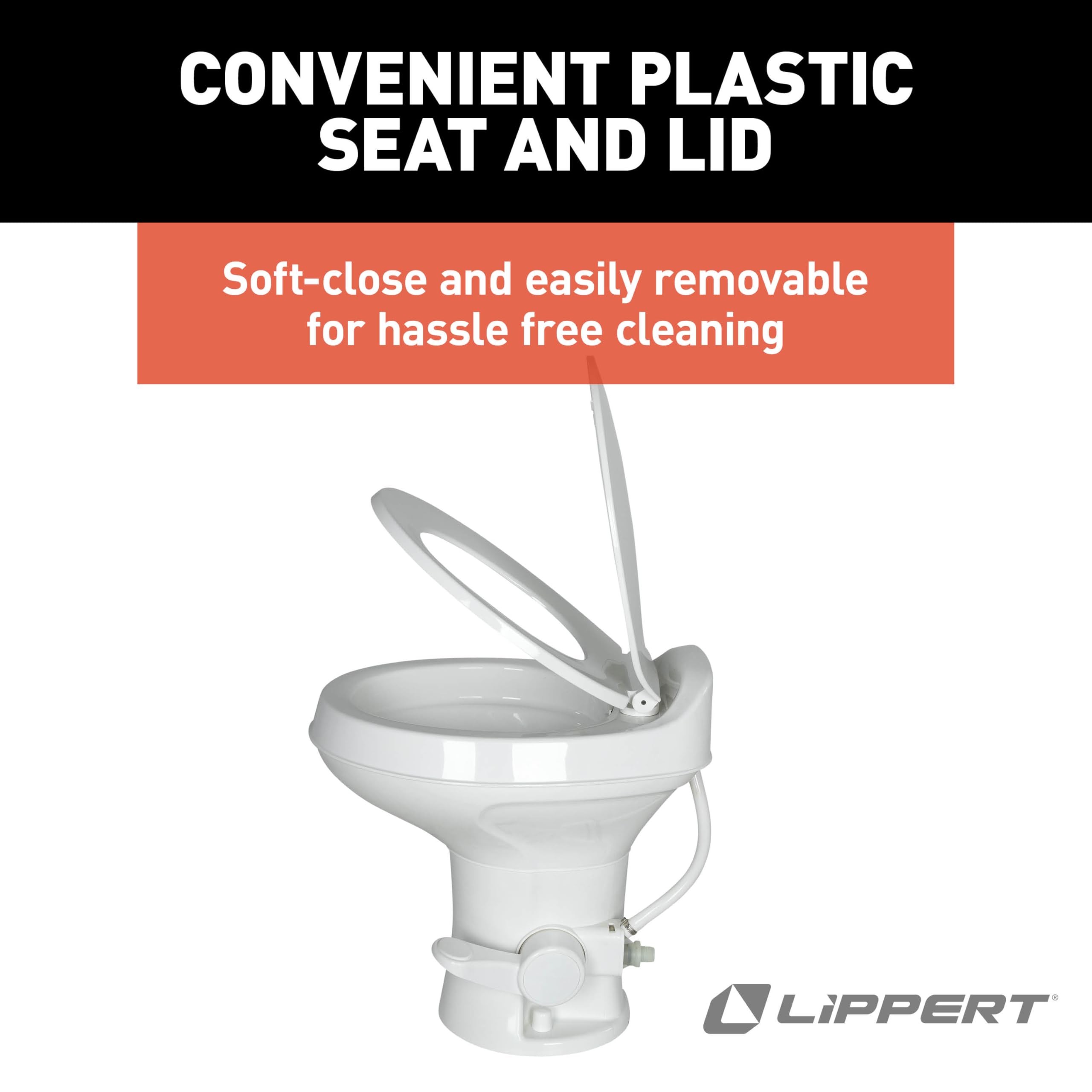 RV Camper Toilet Flow Max White with Round Plastic Bowl, 18" Standard Profile, Full-Size Residential Seat, Soft-Close Lid, Efficient Flush - 2024030310