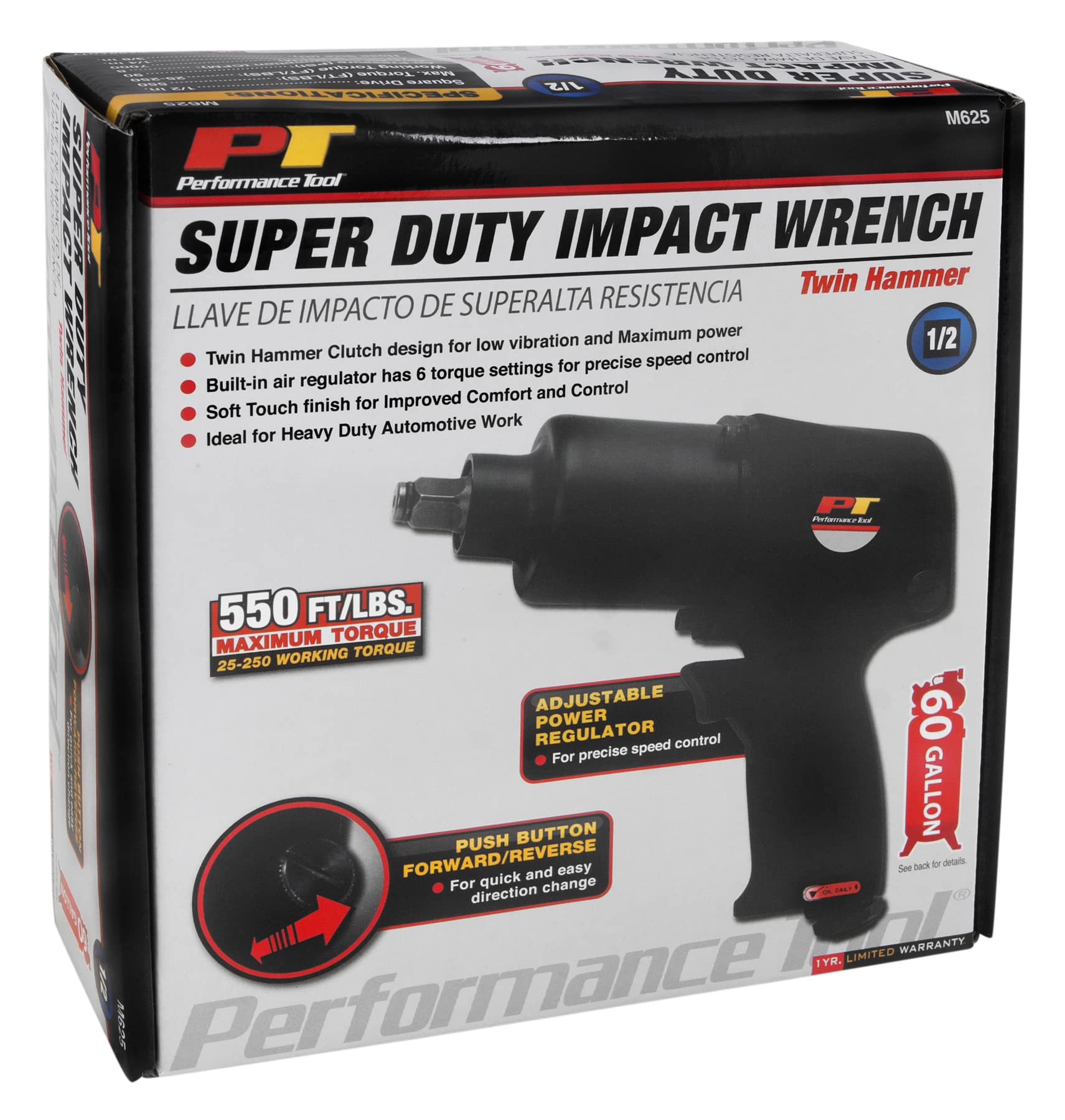 M625 Performance Tool 1/2-Inch Super Duty Impact Wrench, 550 ft/lbs of torque