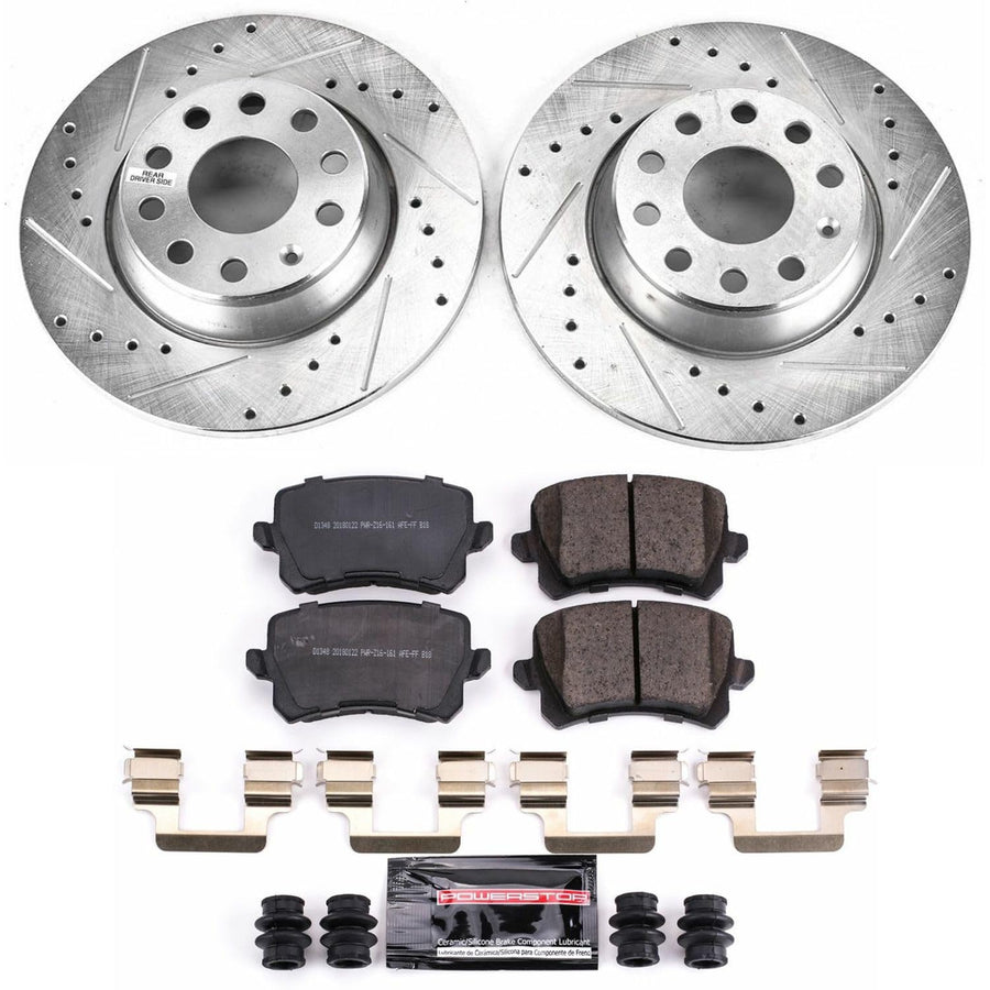 Power Stop K7811 Z23 Carbon Fiber Brake Pads with Drilled & Slotted Brake Rotors Kit For Volkswagen Passat 2009 [Model Specific]