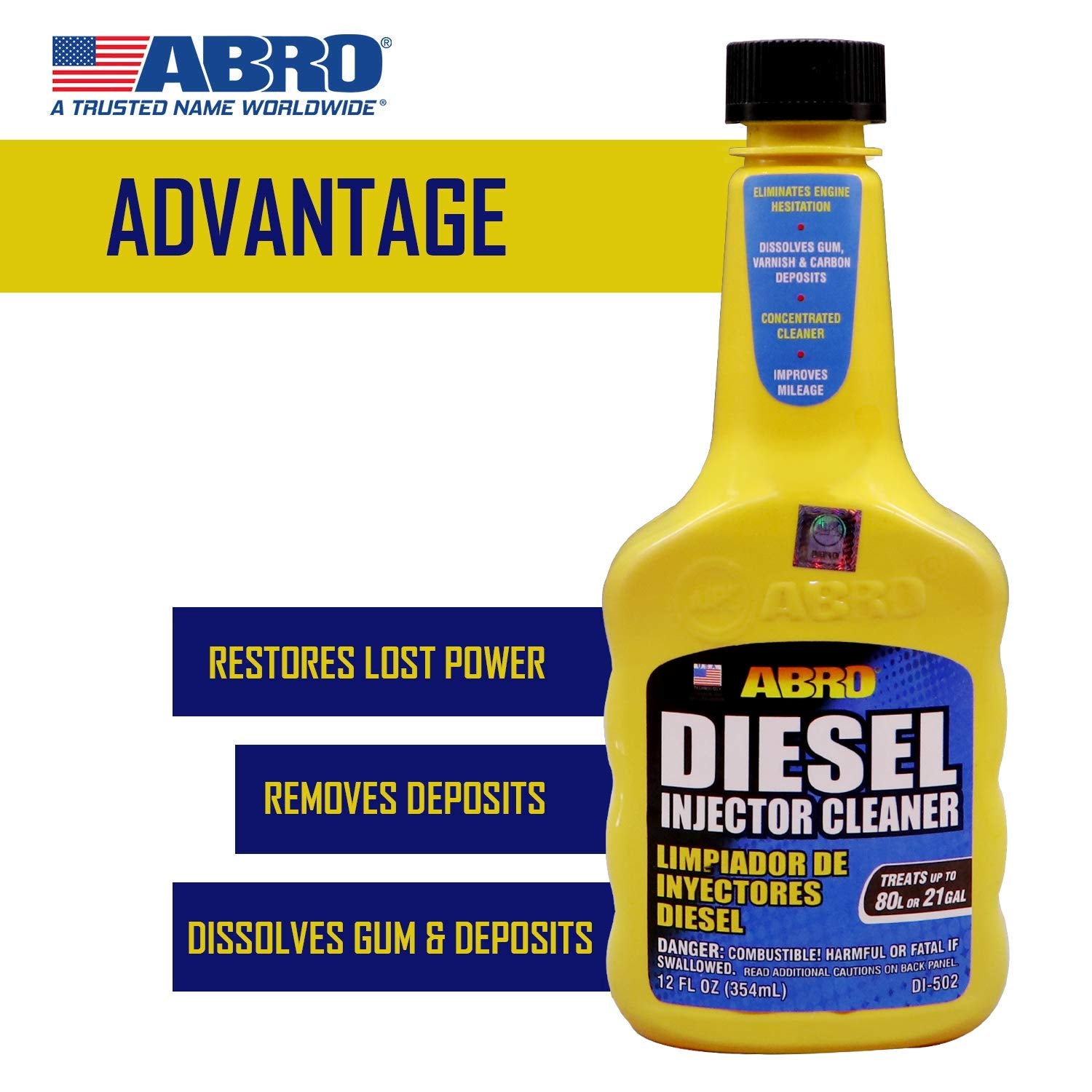 Diesel Injector Cleaner ABRO, 12 oz., Concentrated Fuel System Cleaner, Fuel Injector Cleaner, Diesel Fuel Additive, Improves Mileage, Eliminates Engine Hesitation, Treats Up to 21 Gallons