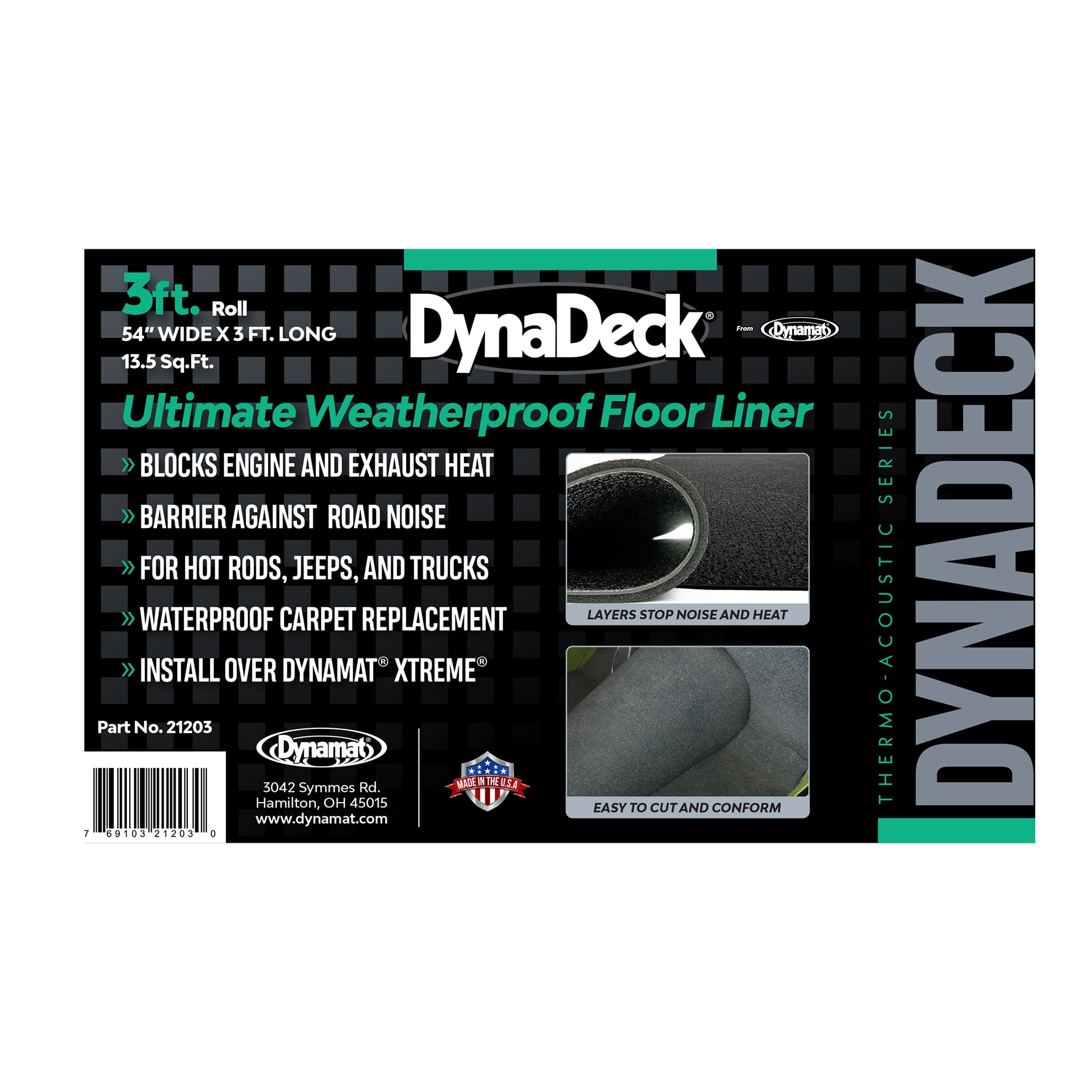 Dynamat Automotive Floor Liner DynaDeck – Mat for Cars, Trucks, SUVs, Boats & RVs – Waterproof & Noise Dampening Material That Blocks Engine & Exhaust Heat – Made in The USA, 54” W x 3” L