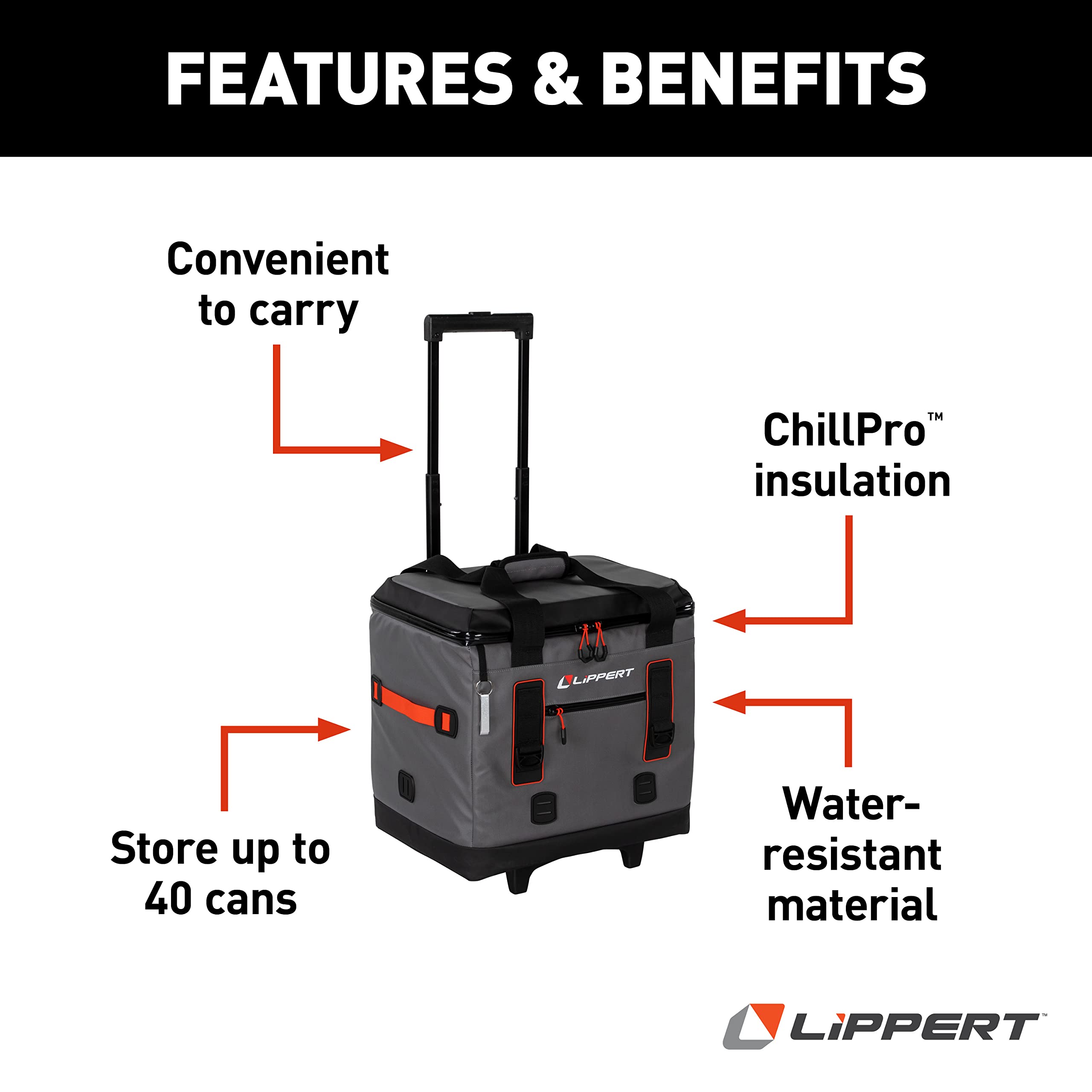 Lippert 40-Can Adventure Pro Soft Insulated Wheeled Cooler Bag, Up to 30 lbs. of Ice, 37 Quarts of Water, 14" x 17" x 19" Wide Mouth Opening, Adjustable Handle - 2021099917