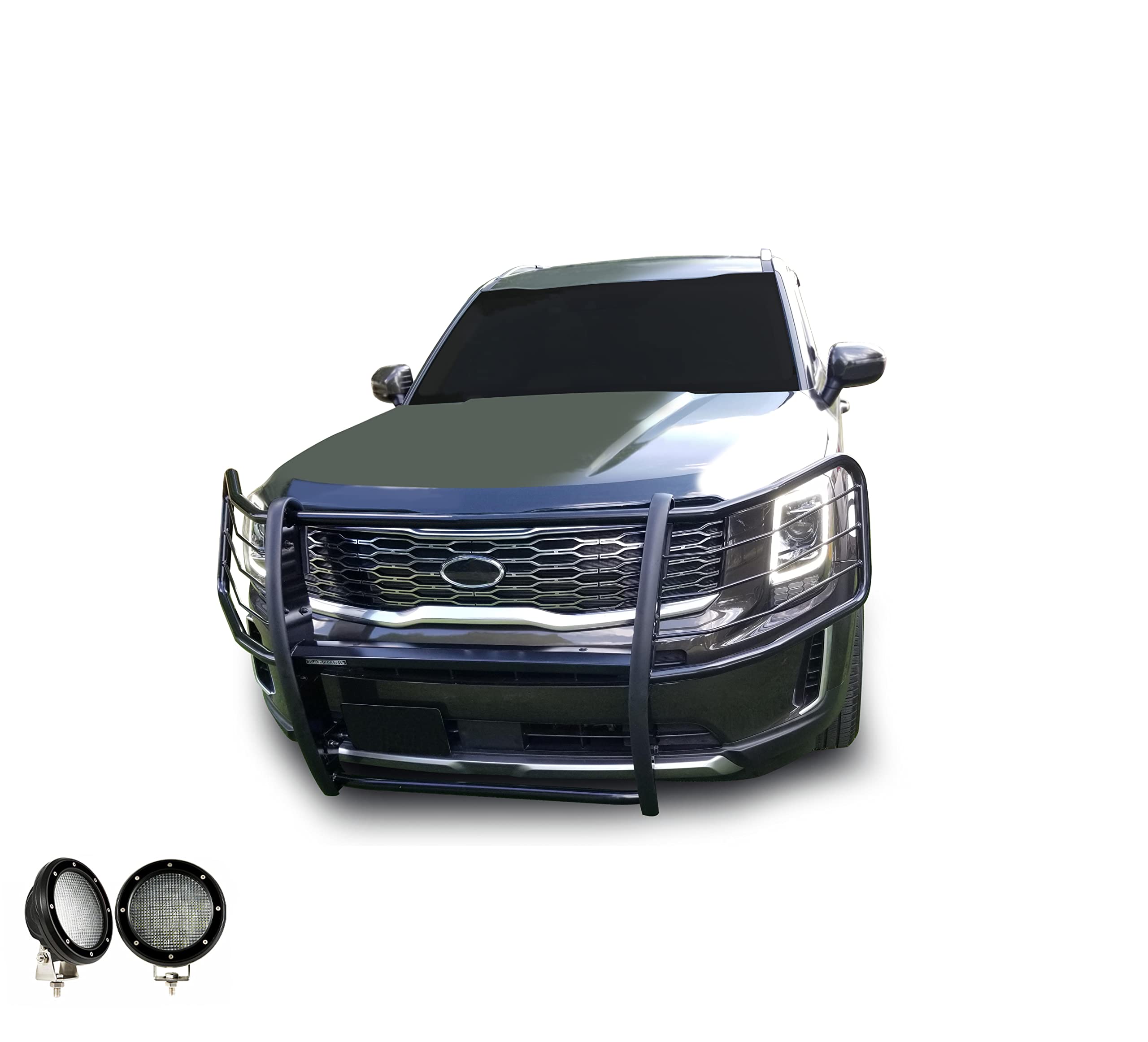 Grille Brush Black Horse Bumper Guard Modular Black Come with Pair of 5.3" Dia.LED Lights with Black Trim Rings Compatible with 2020-2024 Kia Telluride-17KI01MA-PLFB