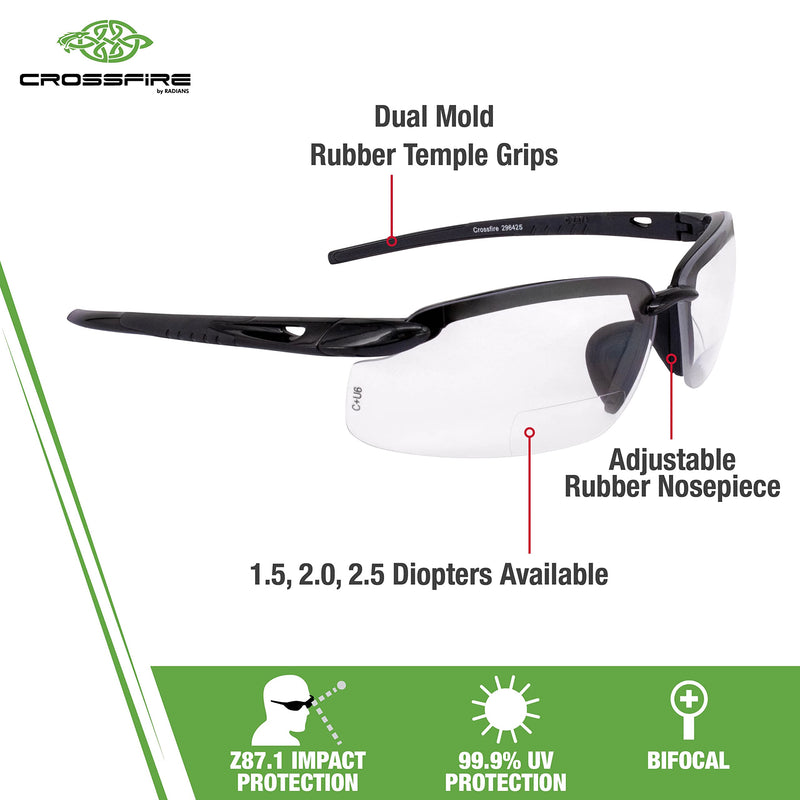 Crossfire ES5 Reader Safety Glasses Clear Diopter 2.5 Shiny Pearl Gray Frame