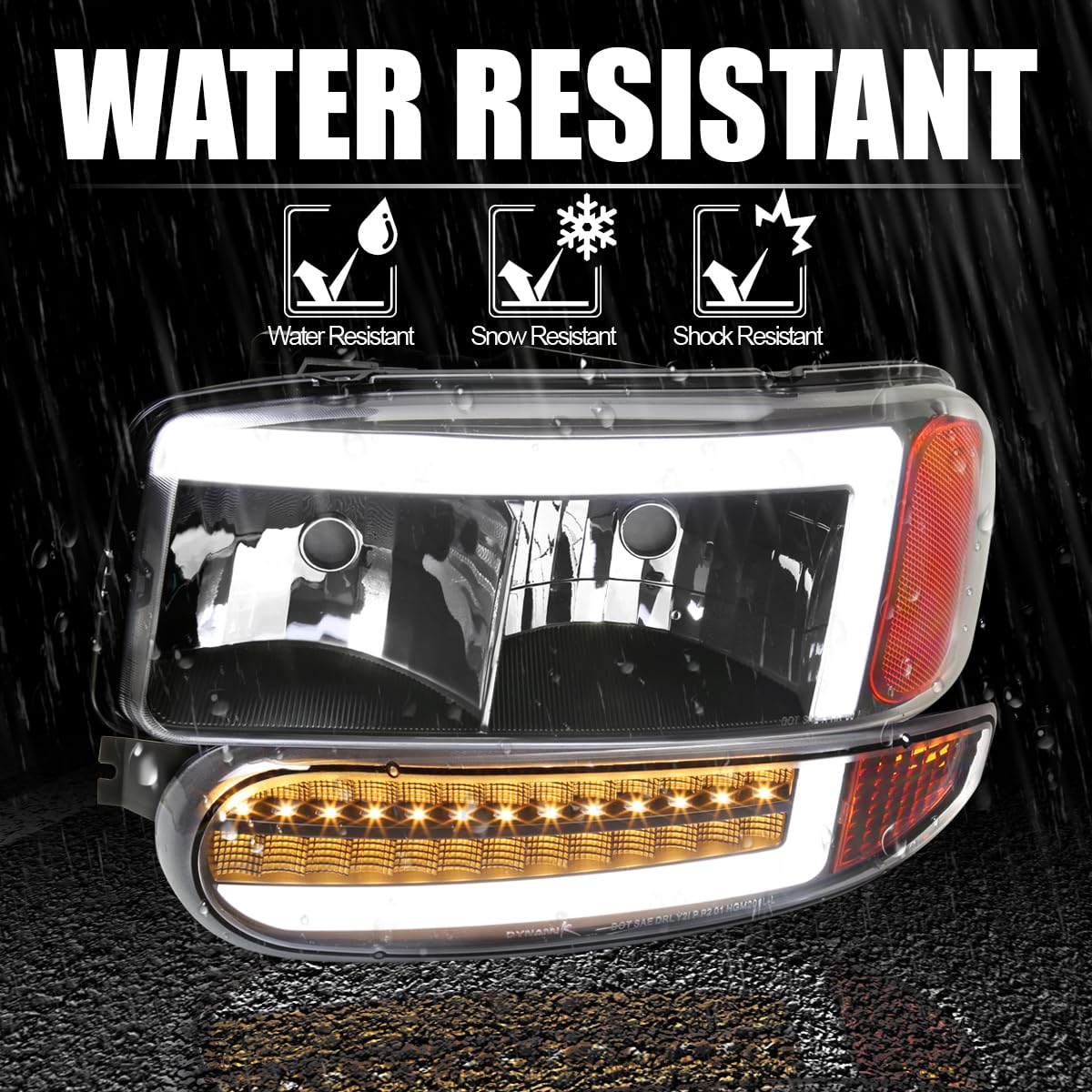 Black LED Tube Headlights + SPEC-D TUNING Sequential Bumper Lights Compatible with 2000-2006 GMC Sierra Denali, Yukon XL Denali