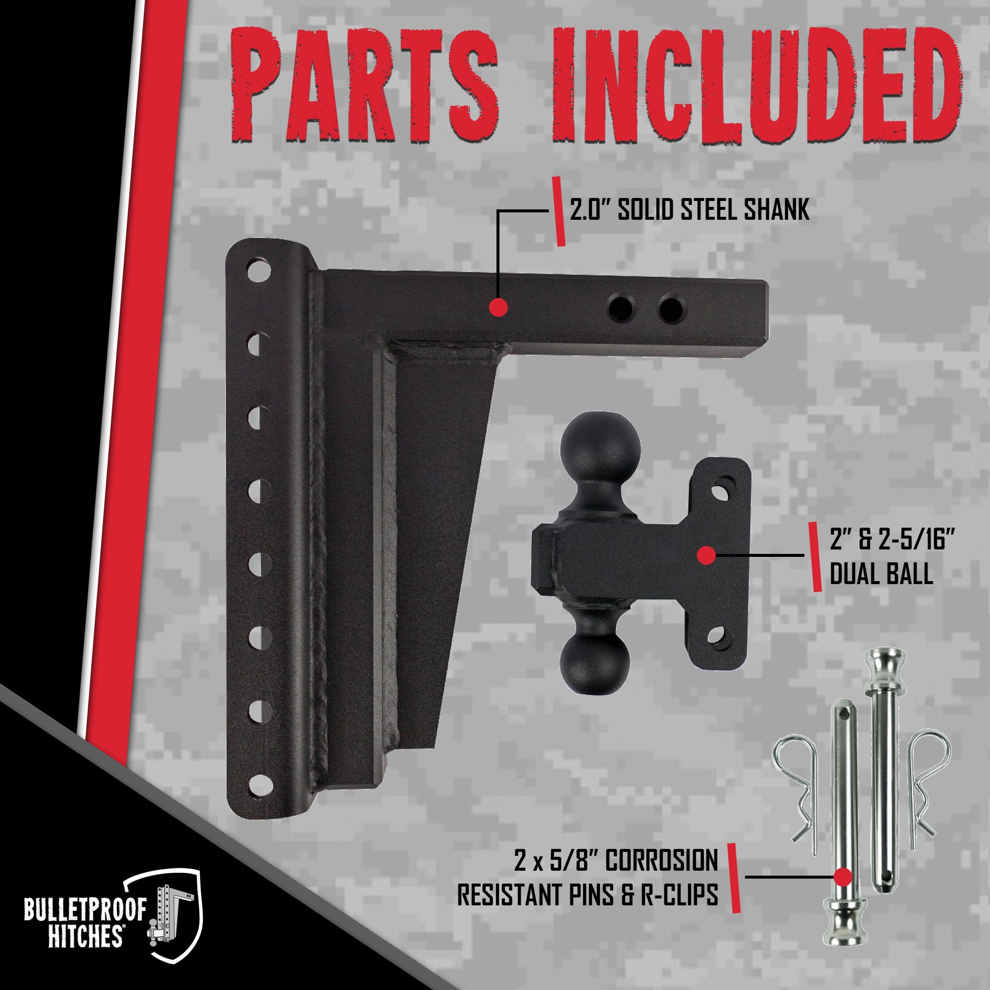 2.0" BulletProof Hitches Adjustable Extreme Duty Trailer Hitch (30,000 lb. Rating) - 10" Drop/Rise with 2" and 2 5/16" Dual Ball - Powder Coat, Solid Steel, Corrosion-Resistant