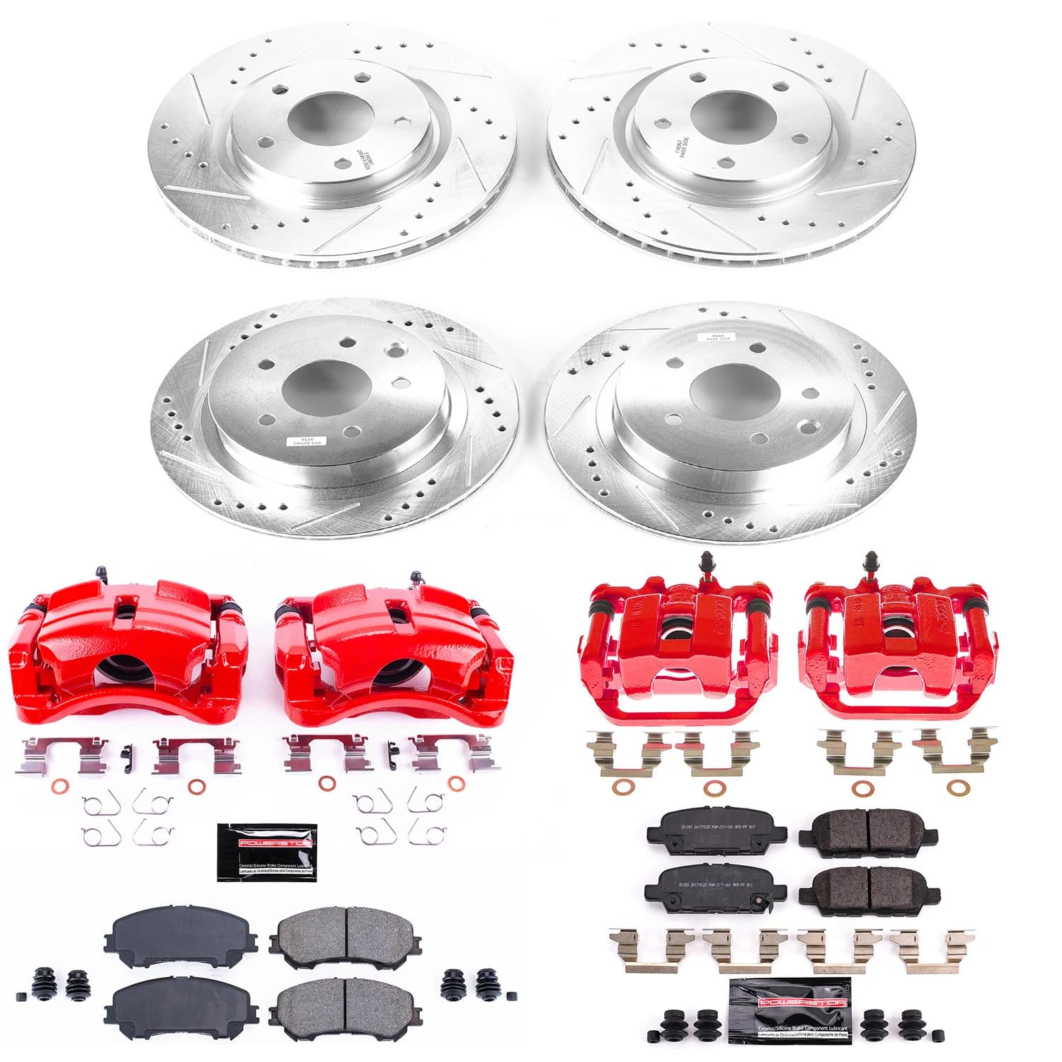 Power Stop Z23 KC7035A, Front and Rear Brake Caliper Kit-Drilled/Slotted Brake Rotor, Brake Pads & Calipers