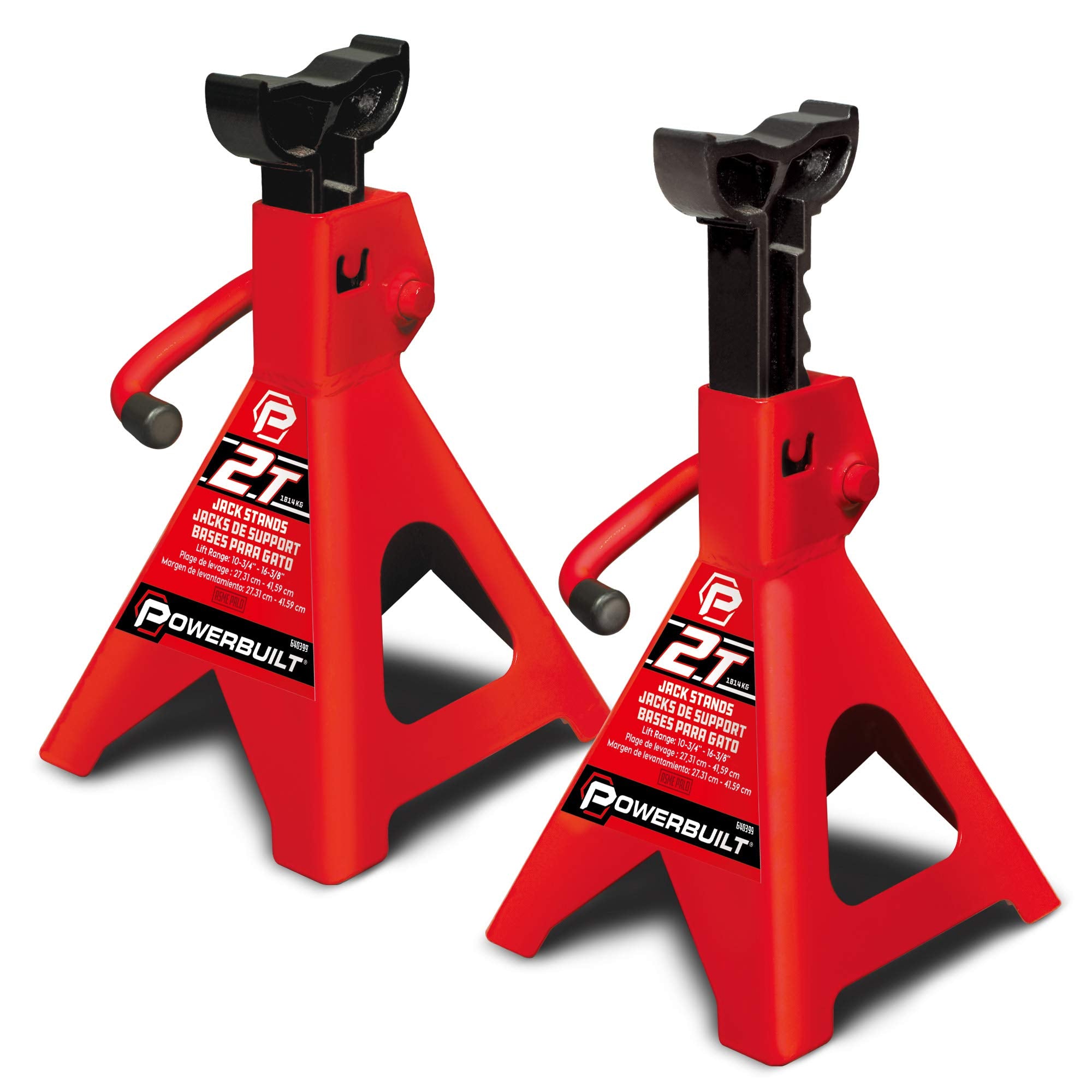 2 Ton Powerbuilt Ratchet Jack Stand Pair, 4000 Pound 2-Piece Heavy Duty Steel Stands, Wide Angle Stability, Adjustable Height - Red 640399