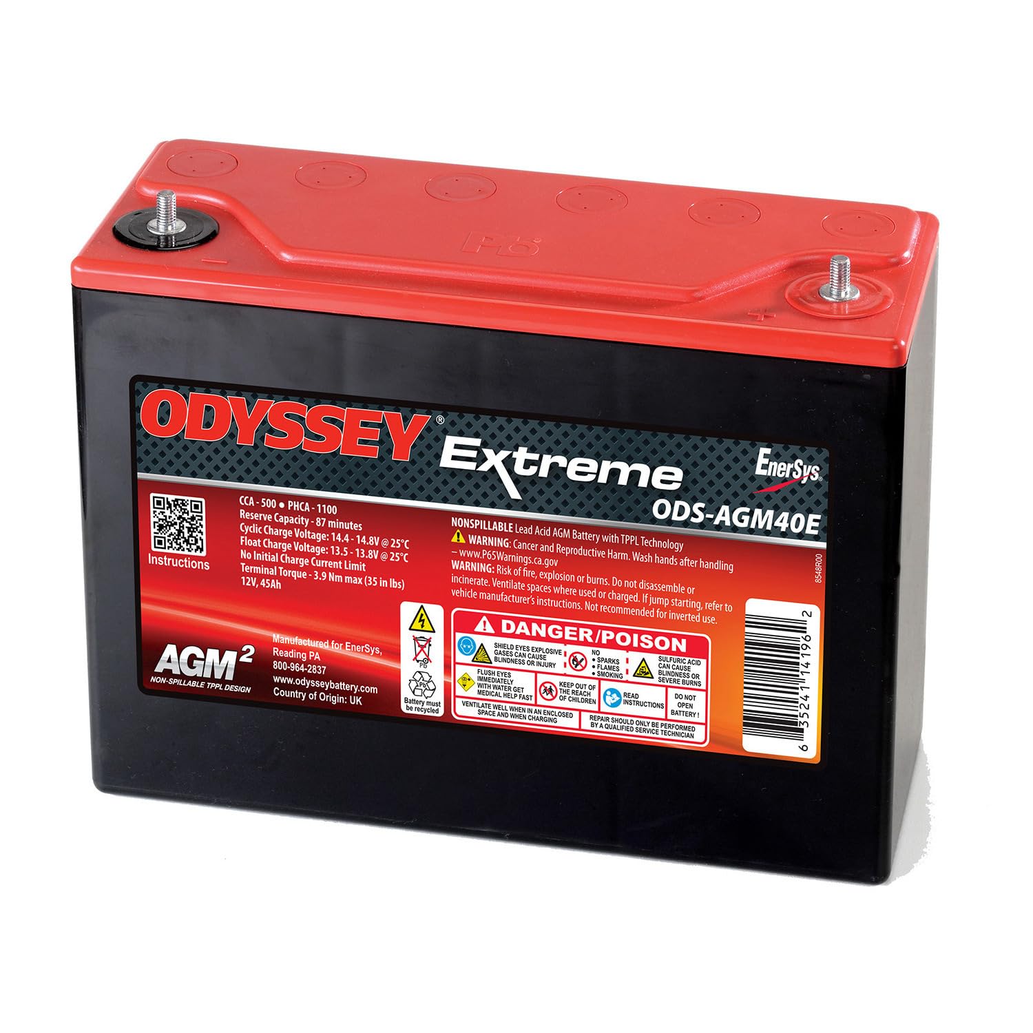 Odyssey Battery, AGM, Extreme Series, 12V, 500 Cranking amps, Top Post, Threaded Terminals, 9.84 in L x 8.11 in H x 3.82 in W, Each