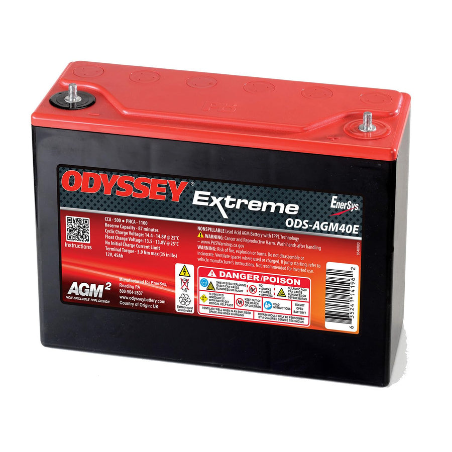 Odyssey Battery, AGM, Extreme Series, 12V, 500 Cranking amps, Top Post, Threaded Terminals, 9.84 in L x 8.11 in H x 3.82 in W, Each