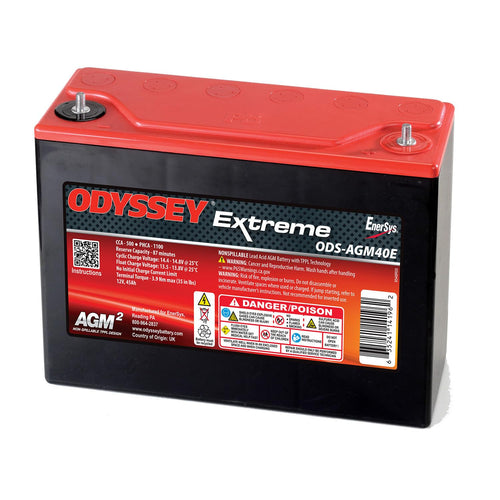 Odyssey Battery, AGM, Extreme Series, 12V, 500 Cranking amps, Top Post, Threaded Terminals, 9.84 in L x 8.11 in H x 3.82 in W, Each