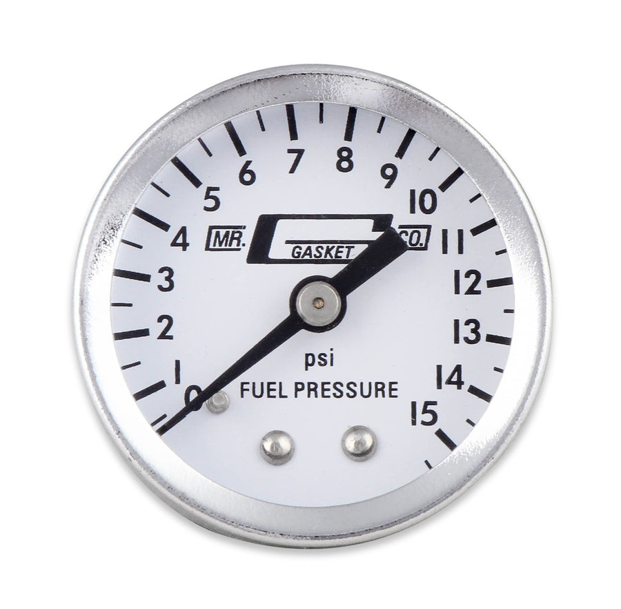 Fuel Block Mr. Gasket With 0-15 PSI Pressure Gauge, Silver, 1.500 in.