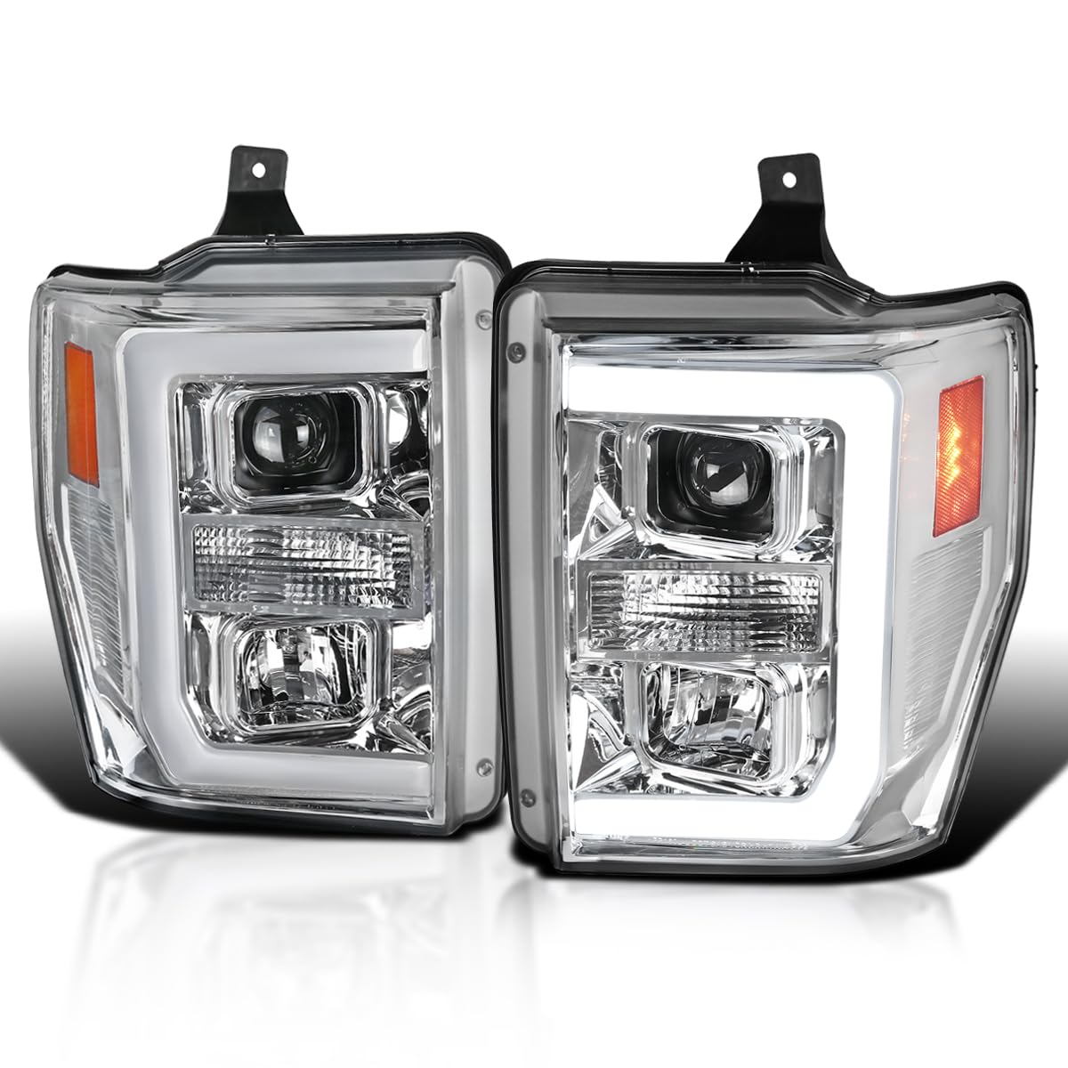 Chrome Projector Headlights w/LED Bar SPEC-D TUNING Compatible with 2008-2010 Ford F-250, F-350, F-450, F-550 Super Duty, Left + Right Pair Headlamps Assembly
