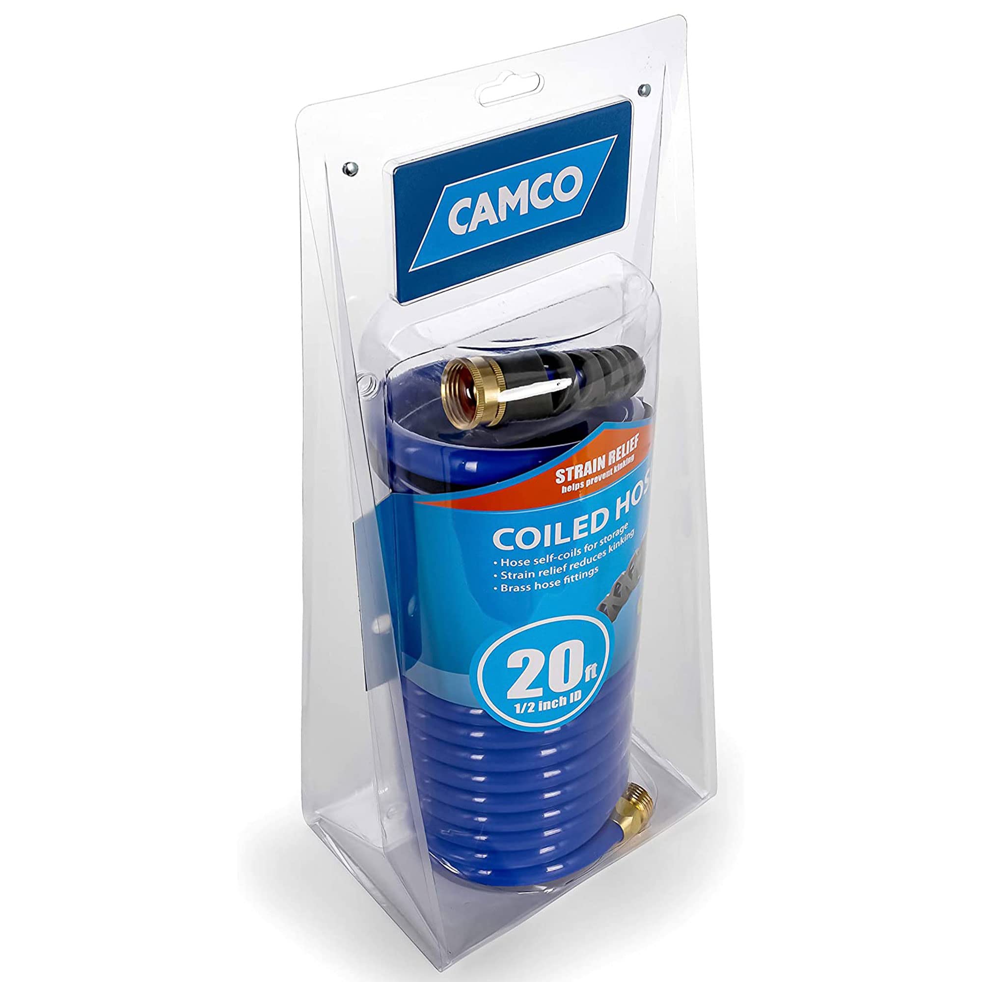 20’ Coiled Water Hose Camco | Rust Resistant with Brass Fittings | Features a 1/2-inch ID (41983), Blue