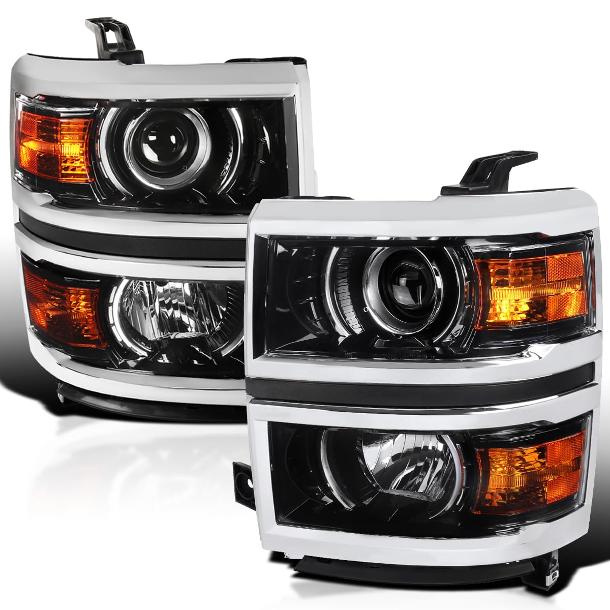 Jet Black SPEC-D TUNING Projector Headlights w/Silver Trim Compatible with 2014-2015 Chevy Silverado 1500, Left + Right Pair Headlamps Assembly