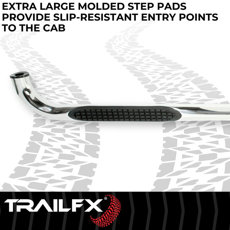 Nerf Bar TrailFX A0069S, 3 In Round Bent, Polished, Stainless Steel, With Step Pads, W/O End Caps, Rocker Panel Mount, Fits 2025 Toyota 4Runner (Will Not Fit Models With Lower Rocker Panel Extensions)