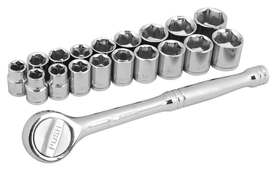 W38301 Performance Tool 19 Piece 3/8" Drive SAE and Metric 6 Point Socket Set with Ratchet