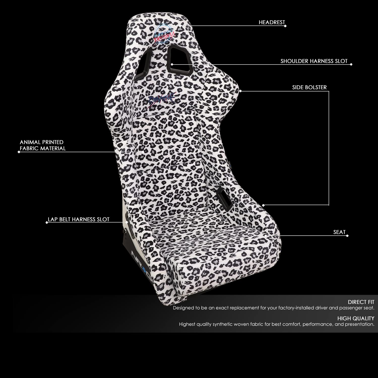 NRG Innovations Prisma Fixed Back Bucket Racing Seat NRG-FRP-302-WT-SAVAGE with Bottom Mount Bracket, White Savage Leopard Print Fabric/White Pearl Back, 24" W X 36" H X 18" D
