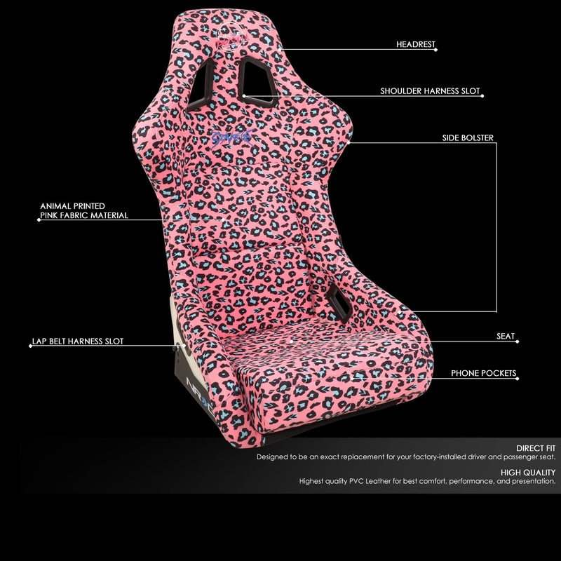 NRG Innovations Prisma FRP-302-PK-SAVAGE Fixed Back Bucket Racing Seat with Bottom Mount Bracket, Pink Savage Cheetah/White Pearl Back